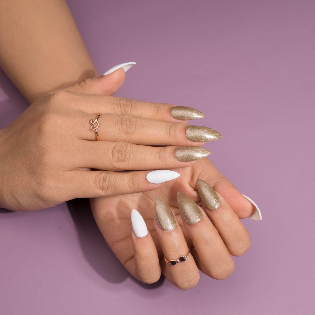 Premium Fake Press-On Nails - White & Gold Classic Set of 20 | Reusable Full Coverage Artificial Nails with UV Gel Polish Coating | Easy to Apply Stick-On Nails for Manicures | Perfect for Weddings, Parties, Date Nights & Everyday Wear | Nail Extensions for Both Hands