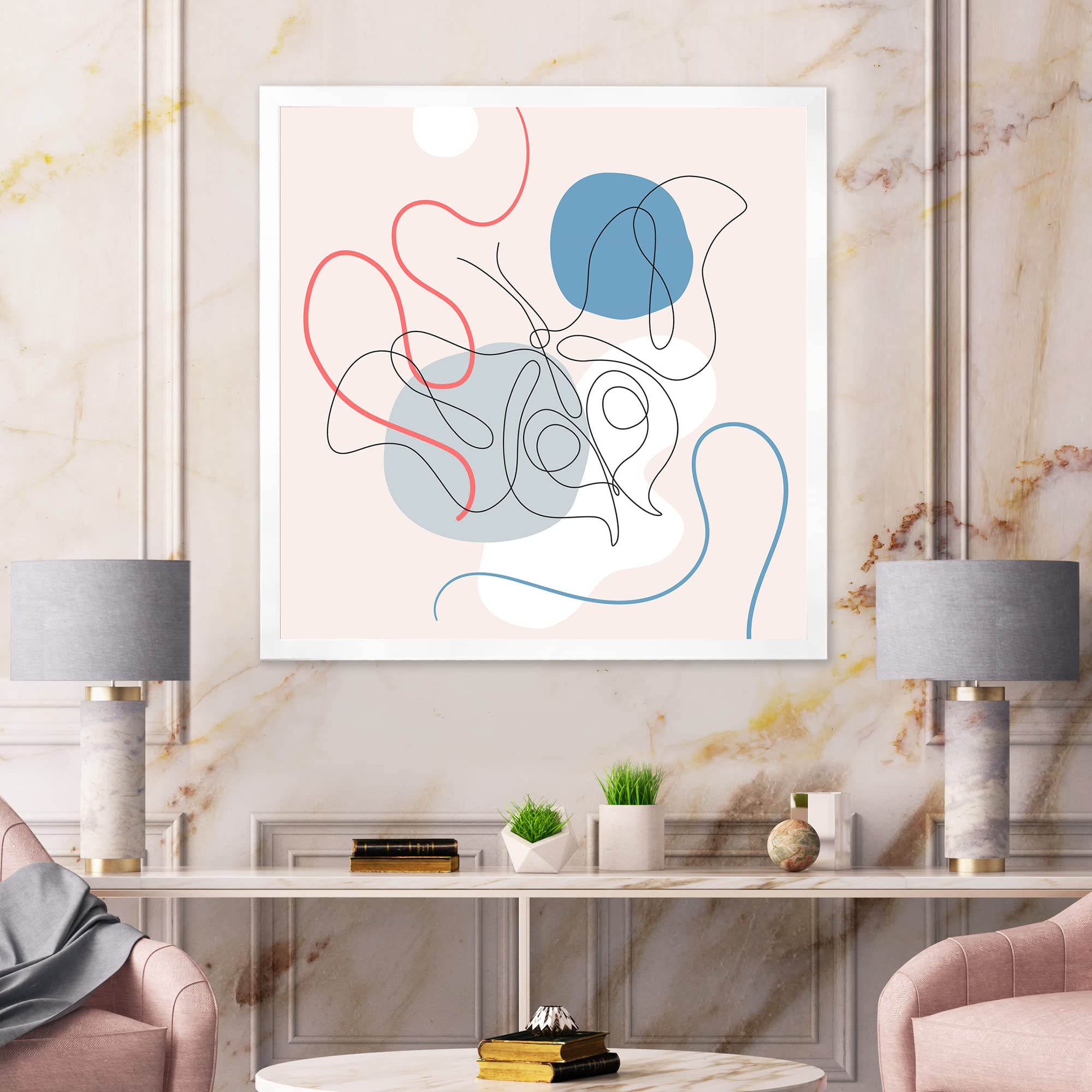 Butterfly One Line Drawing on Cubism Shapes II - Modern Framed Wall Art Decor for Living Room, Bedroom & Office