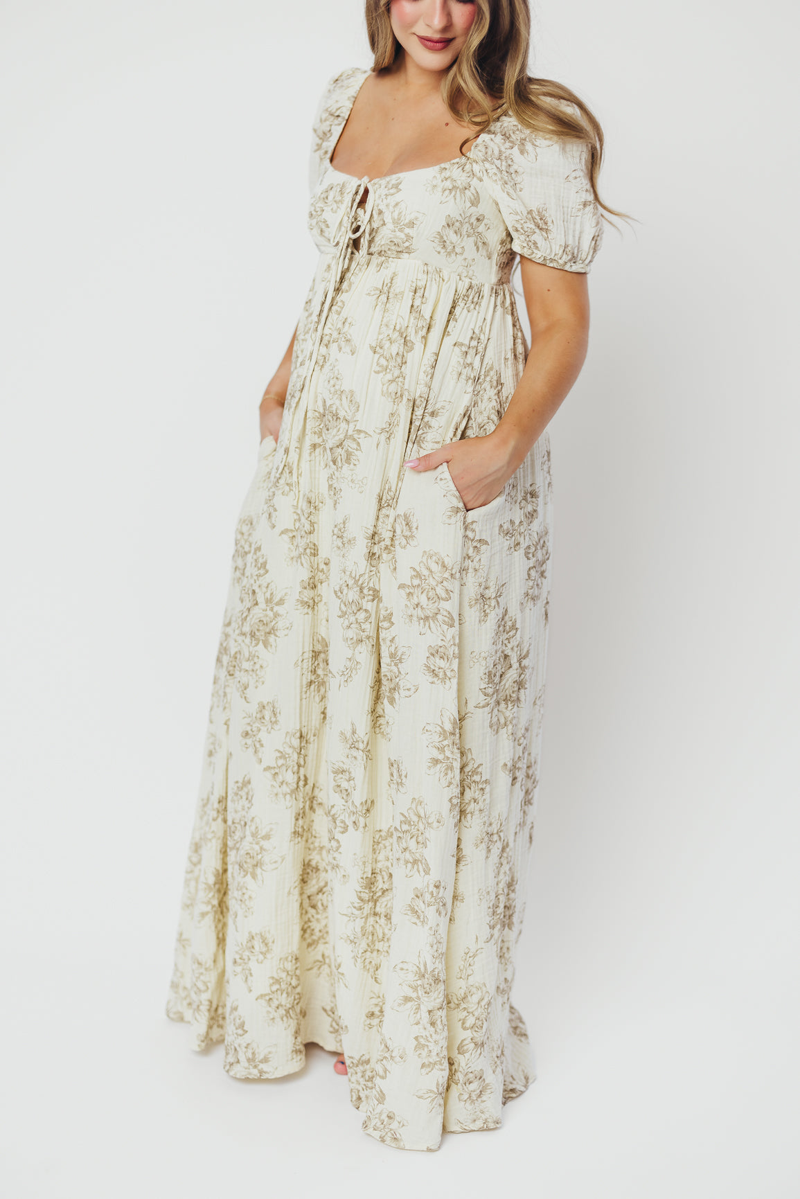 Haven 100% Cotton Tie Front Maxi Dress in Taupe/Brown Floral - Bump Friendly Maternity Dress for Women | Perfect for Pregnancy, Beach Vacations & Summer Outfits