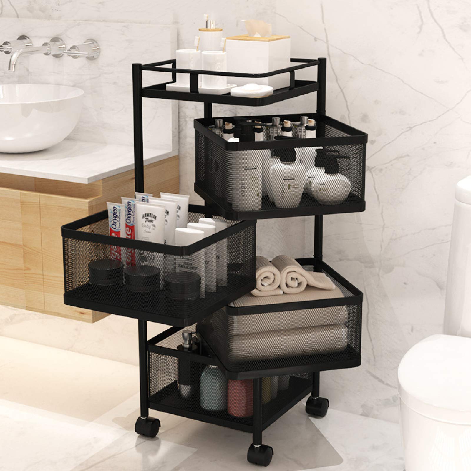ZKHD 4-Tier Rotatable Kitchen Cart with Wheels - Black Floor Standing Storage Trolley for Fruits, Vegetables & Kitchen Organization | Perfect for Small Spaces, Pantry Storage & Mobile Food Prep Station