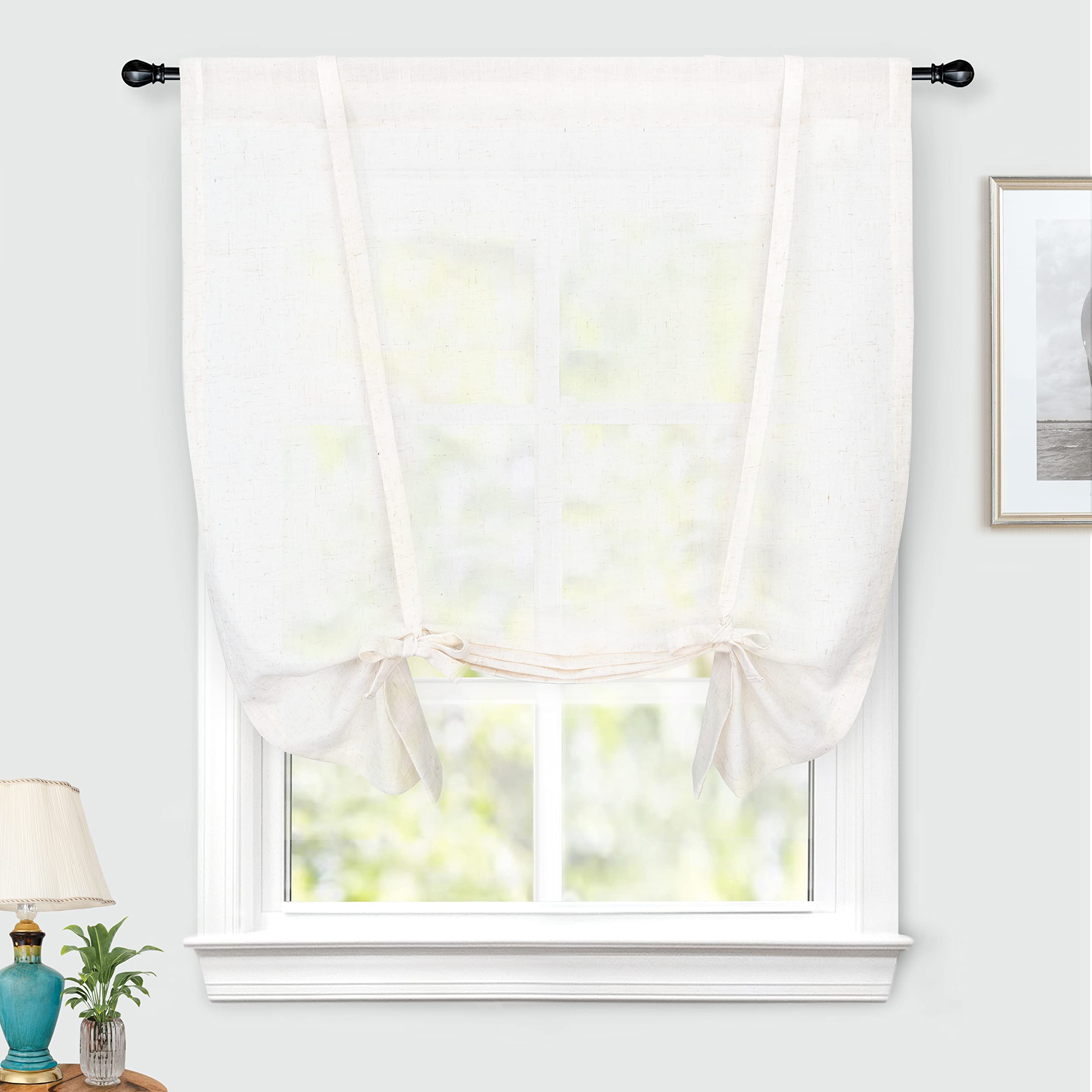 DriftAway Solid Color Linen Blend Voile Curtains - 39x55 Inch Light Linen Sheer Window Panels with Rod Pocket & Tie-Up Design, Adjustable Balloon & Roman Style for Small Windows - Perfect for Living Room, Bedroom & Nursery Decor