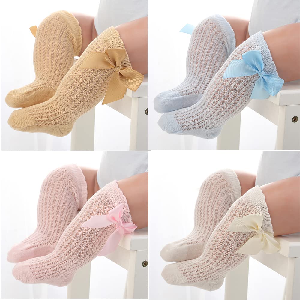 5 Pack Spanish Baby Girls Bow Knee High Socks - Mesh Cotton Newborn Toddler Long Stockings for Dress Up, Photo Shoots & Special Occasions