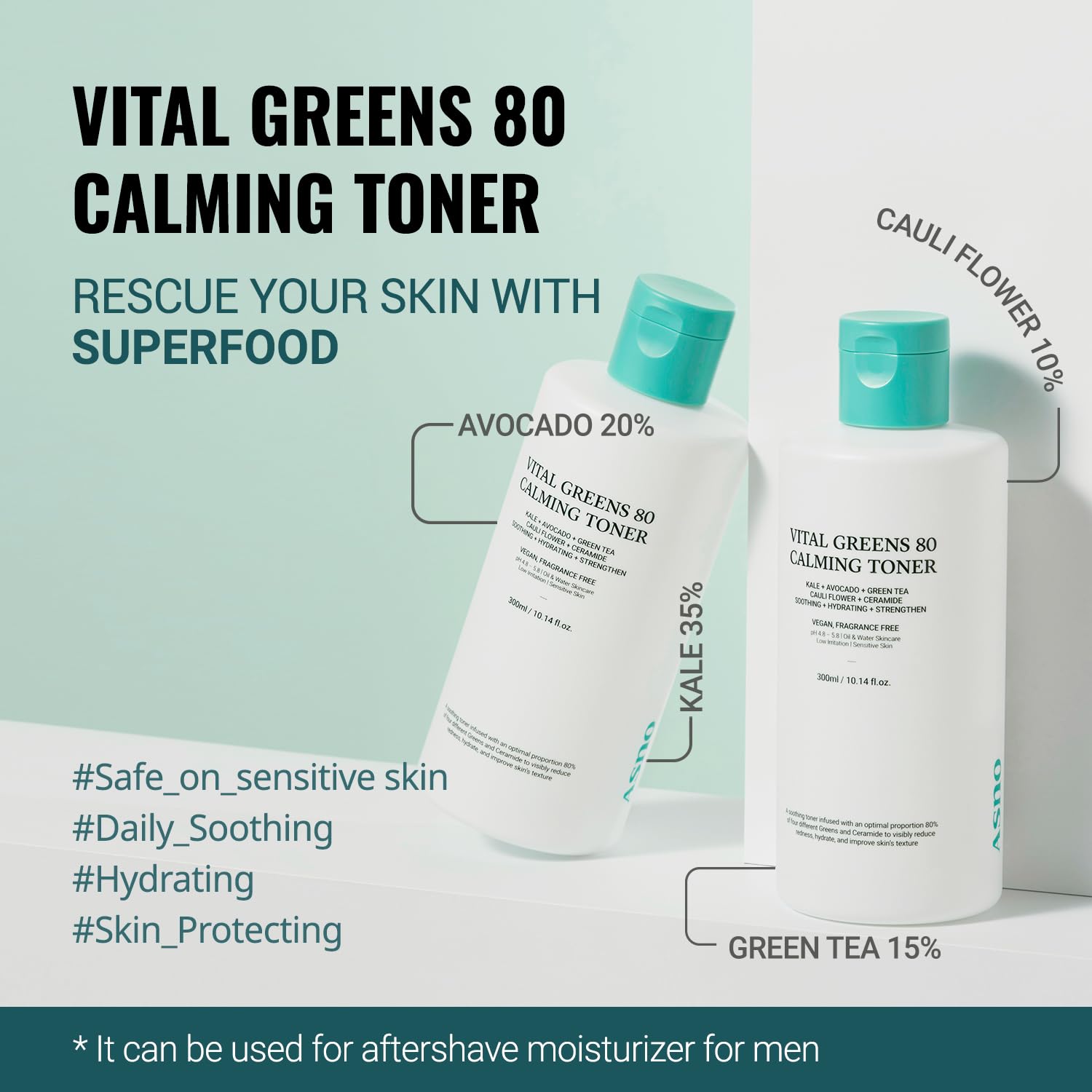 ASNO Vital Greens 80 Calming Toner for Acne & Pimple Relief | Soothing Essence with Superfoods (Kale, Avocado, Green Tea, Cauliflower) & Ceramide | Hydrating Facial Toner for Sensitive & Oily Skin | Perfect for Daily Skincare Routine & Post-Workout Refresh