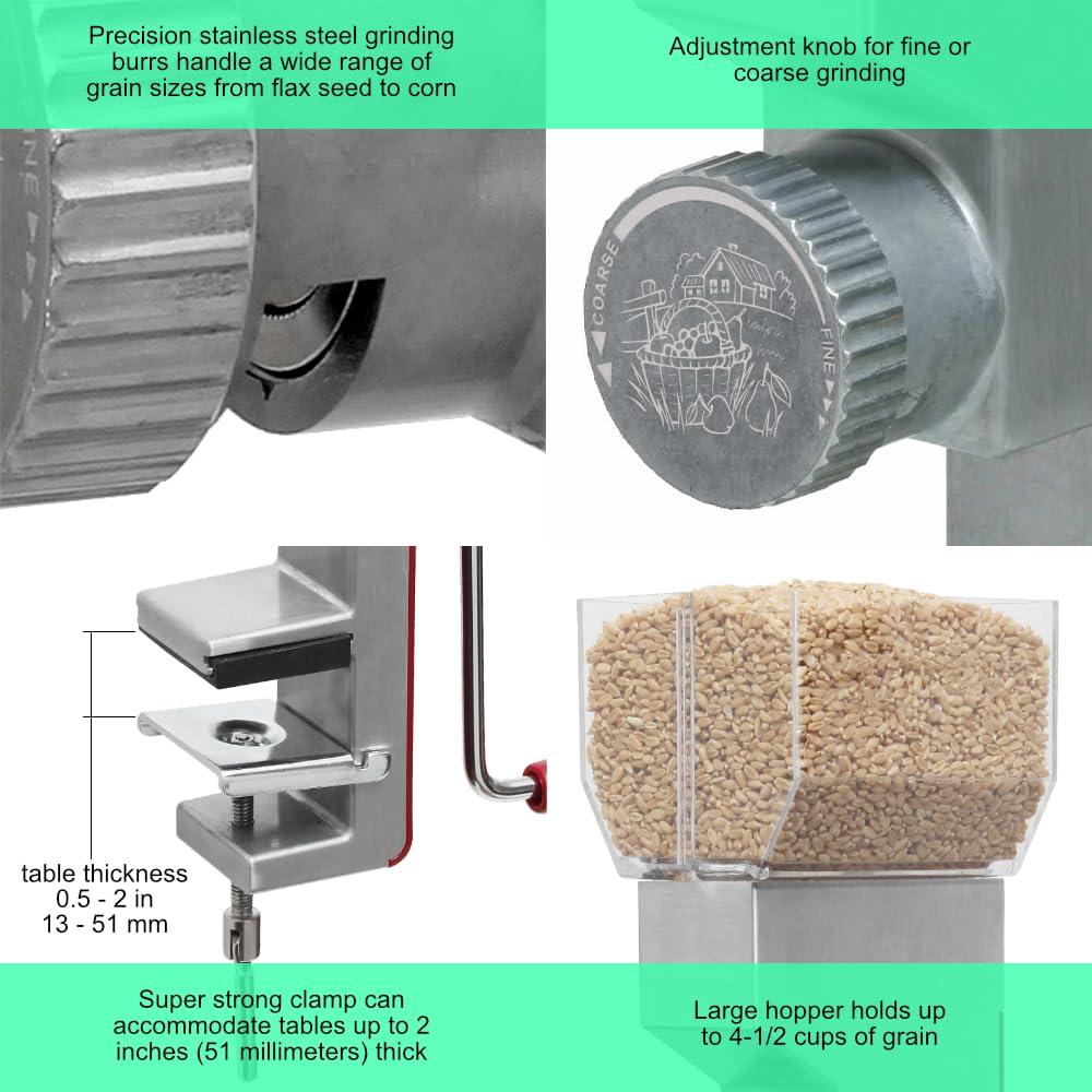 Premium Stainless Steel Grain Mill for Wheat Flour Grinding - Heavy Duty Metal Burr Grinder for Home Baking | Perfect for Bread, Pastry & Healthy Whole Grain Cooking