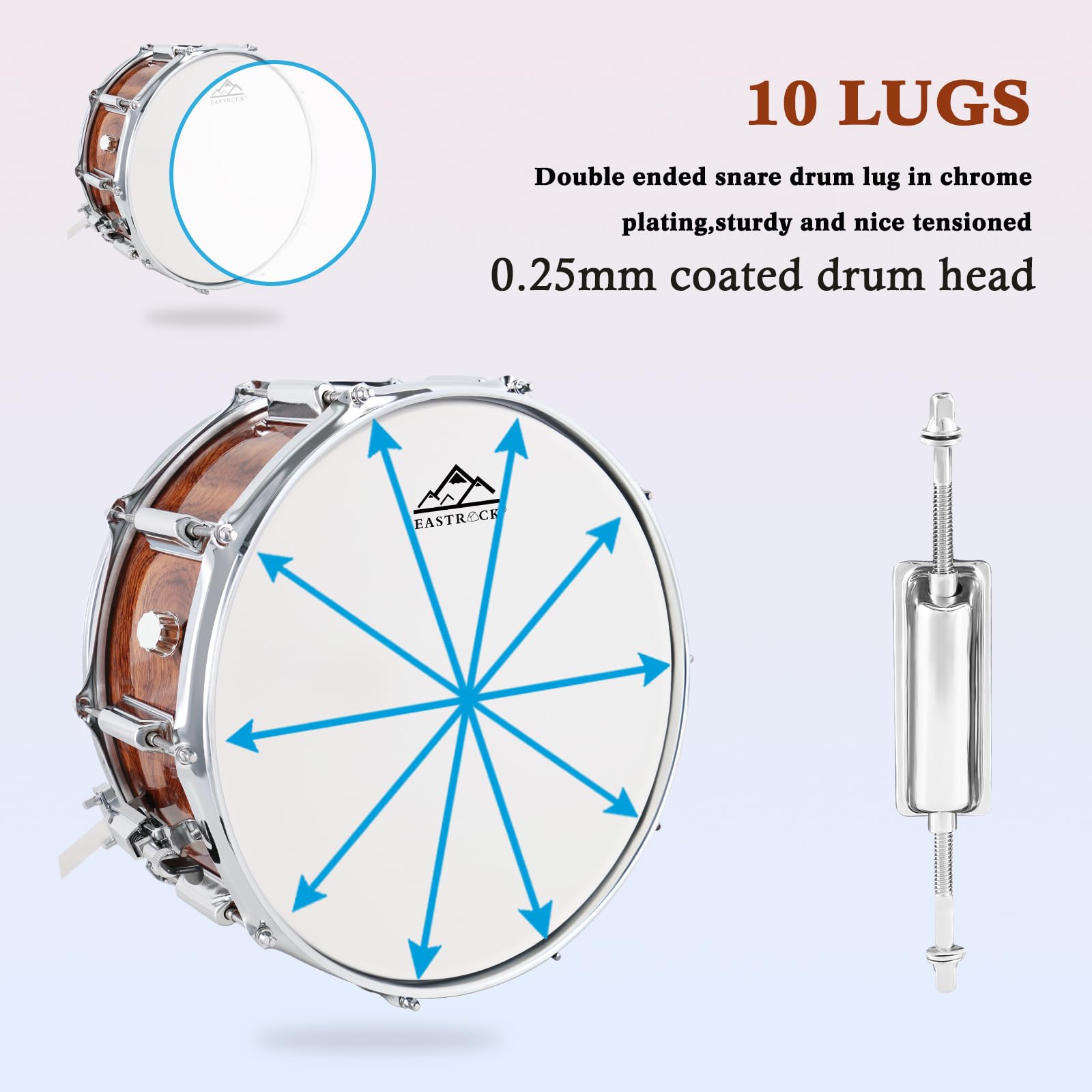 EASTROCK 14x5.5 Inch Snare Drum Set for Beginners - Includes Gig Bag, Drumsticks, Stand & Keys - Coated Tiger-Stripe Drum Head - Perfect for Students, Practice & Live Performances