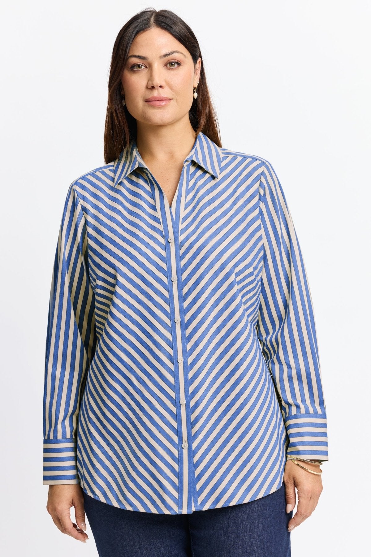 Mary Plus No Iron Stretch Stripe Long Sleeve Shirt for Women - Wrinkle-Free Comfort Fit Business Casual Blouse - Perfect for Office, Travel & Everyday Wear