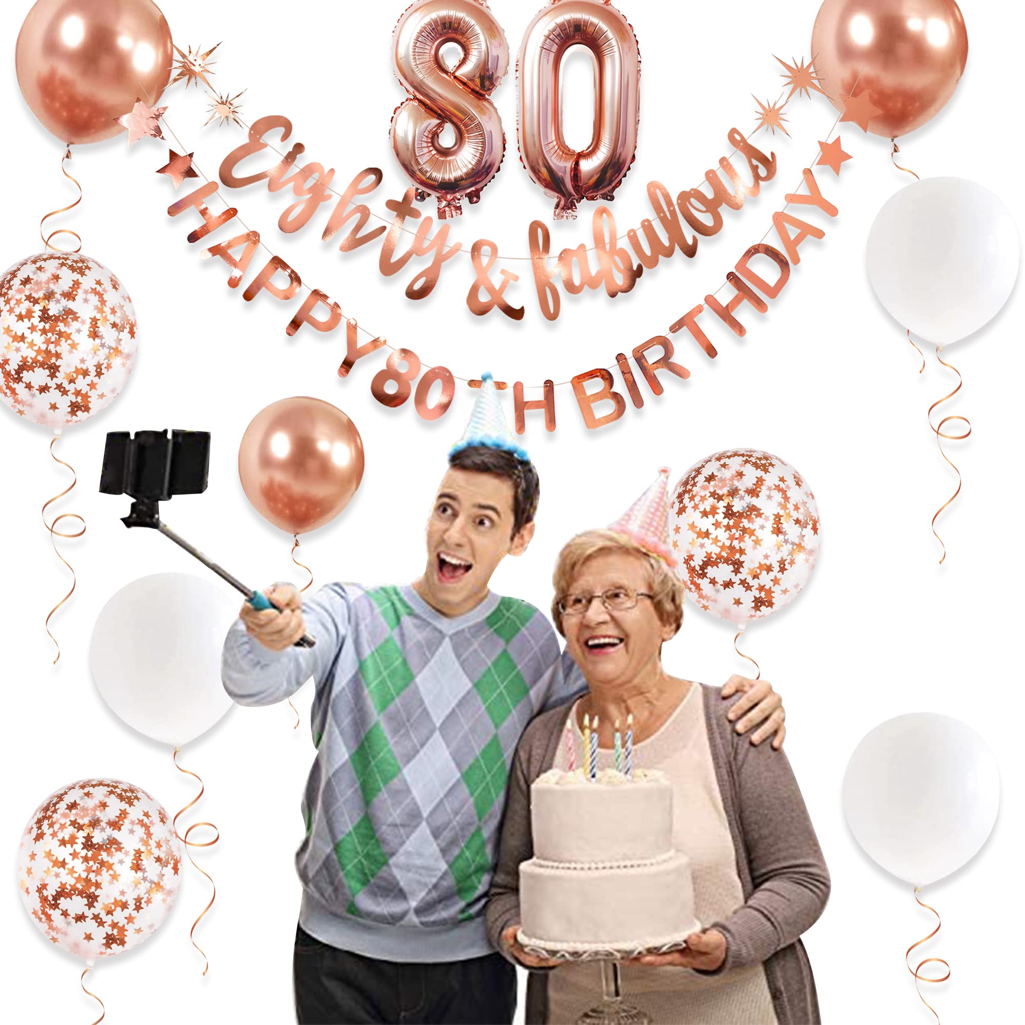 Elegant Rose Gold 80th Birthday Banner Garland & Foil Balloons Set - '80 & Fabulous' Theme Party Decor for Women - Perfect for Milestone Birthday Backdrops, Wall Hangings, and Celebration Photo Booths
