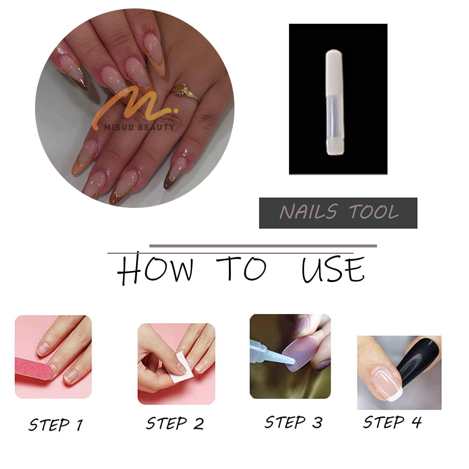 MISUD 24pcs Medium Almond Press on Nails - Glossy Autumn Brown French Tip Acrylic Fake Nails with Bling Glitter Design | Stiletto Artificial Nails for Fall, Halloween, Parties & Special Occasions