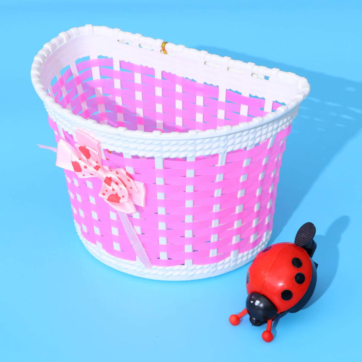 LIOOBO Kids Bike Scooter Basket - Handmade Plastic Knitted Bow Front Basket with Bell for Girls & Boys | Perfect for Cycling, School Commute & Outdoor Play
