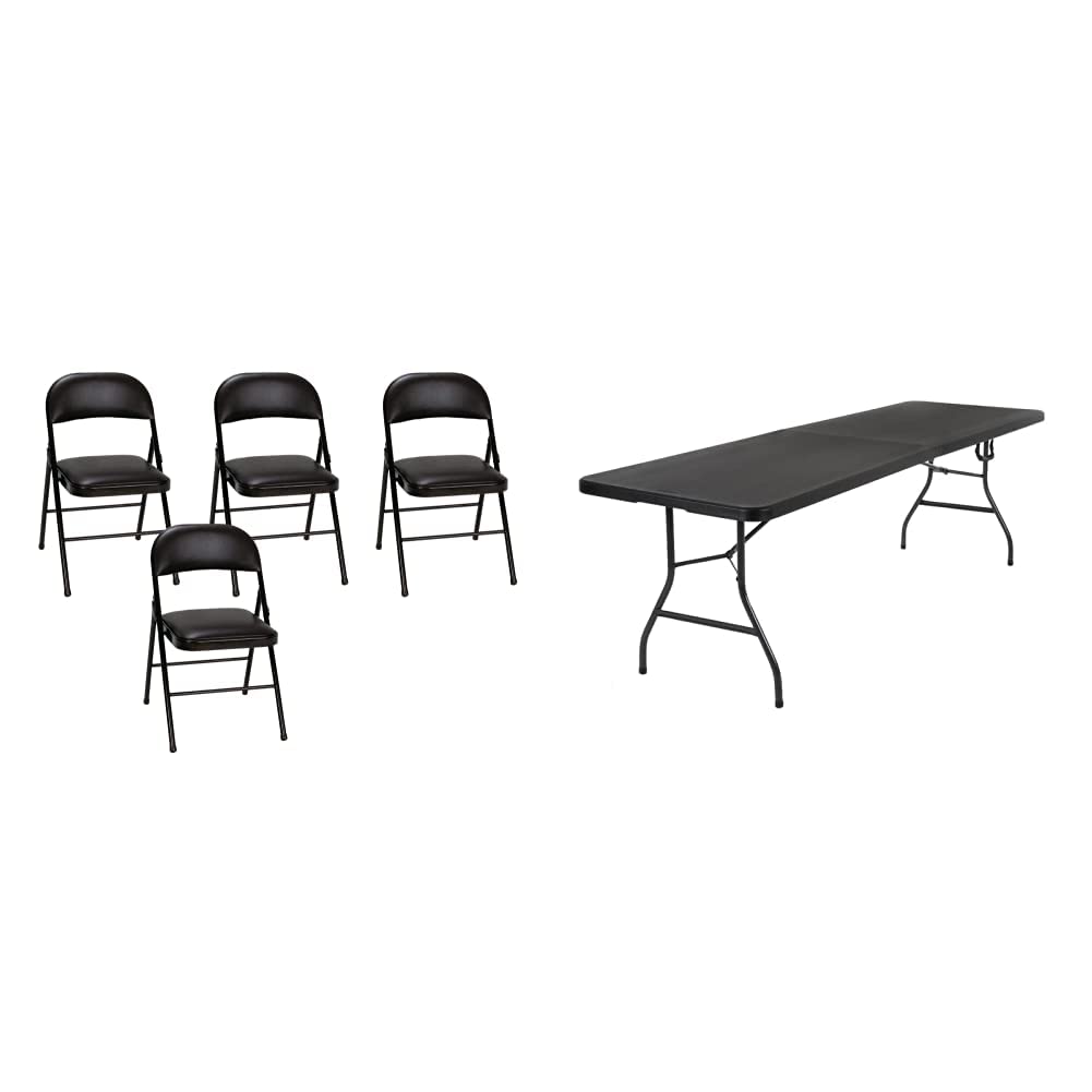 COSCO Deluxe 8ft x 30in Fold-in-Half Blow Molded Folding Table & 4-Pack Vinyl Folding Chairs Set, Black - Perfect for Parties, Events, Picnics & Home Use
