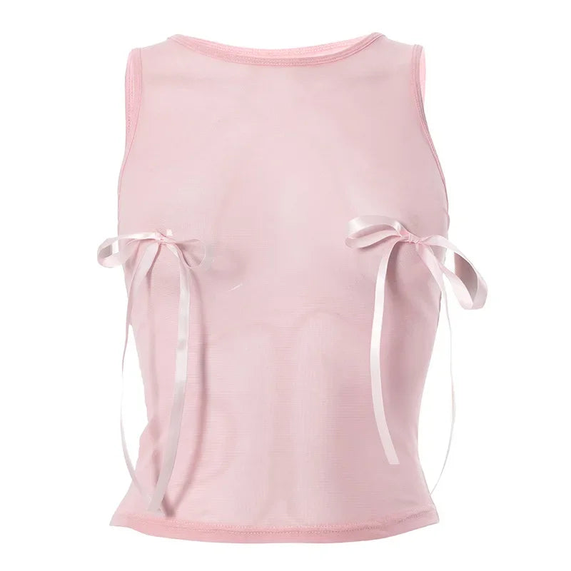 3D Bow Knot Baby Pink Mesh Sheer Sexy Crop Top for Women - Y2K Coquette Soft Girl Summer Tank Top - Trendy 2023 Fashion (P85 AC10) | Perfect for Beach Outings, Music Festivals & Streetwear Looks