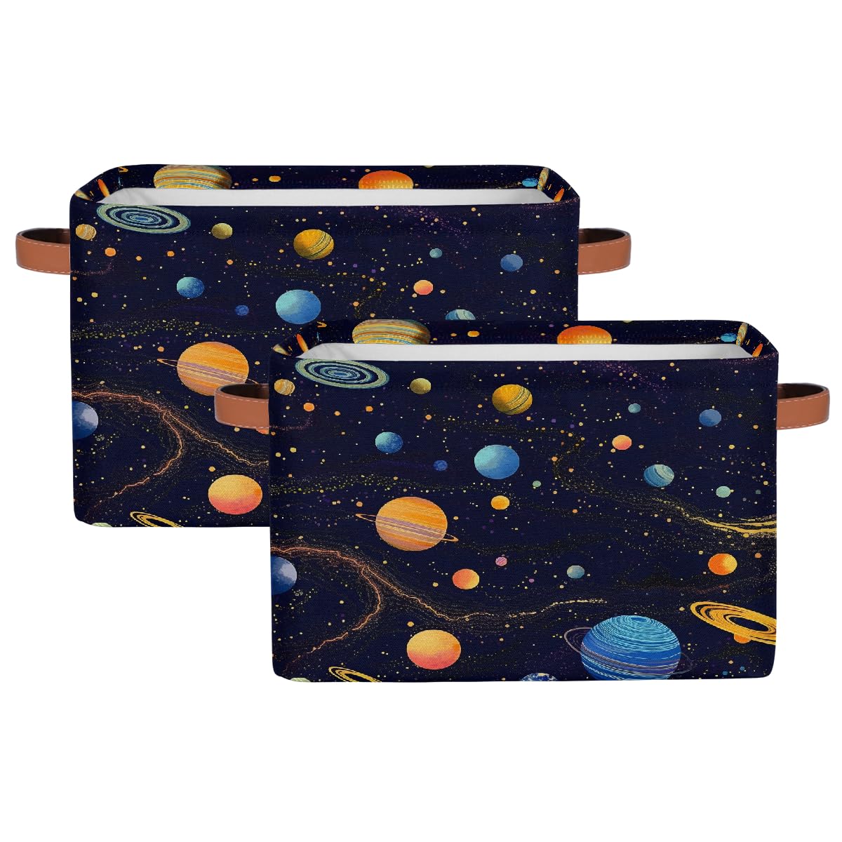 Space-Themed Foldable Storage Baskets with Handles - 2 Pack Decorative Storage Bins for Shelves, Home Organization | Perfect for Kids' Room, Closet & Space-Themed Decor