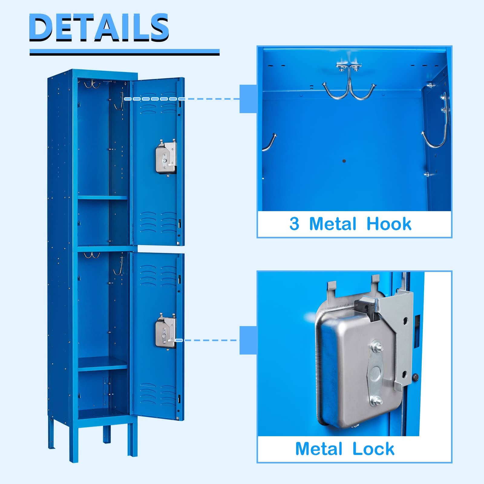 Letaya 4-Tier Metal Storage Cabinet with Locking Doors & Hooks - Secure Locker for Gym, School, Office, Home & Employee Use (Blue, 2-Door) - Perfect for Sports Equipment, Work Supplies & Personal Belongings Storage