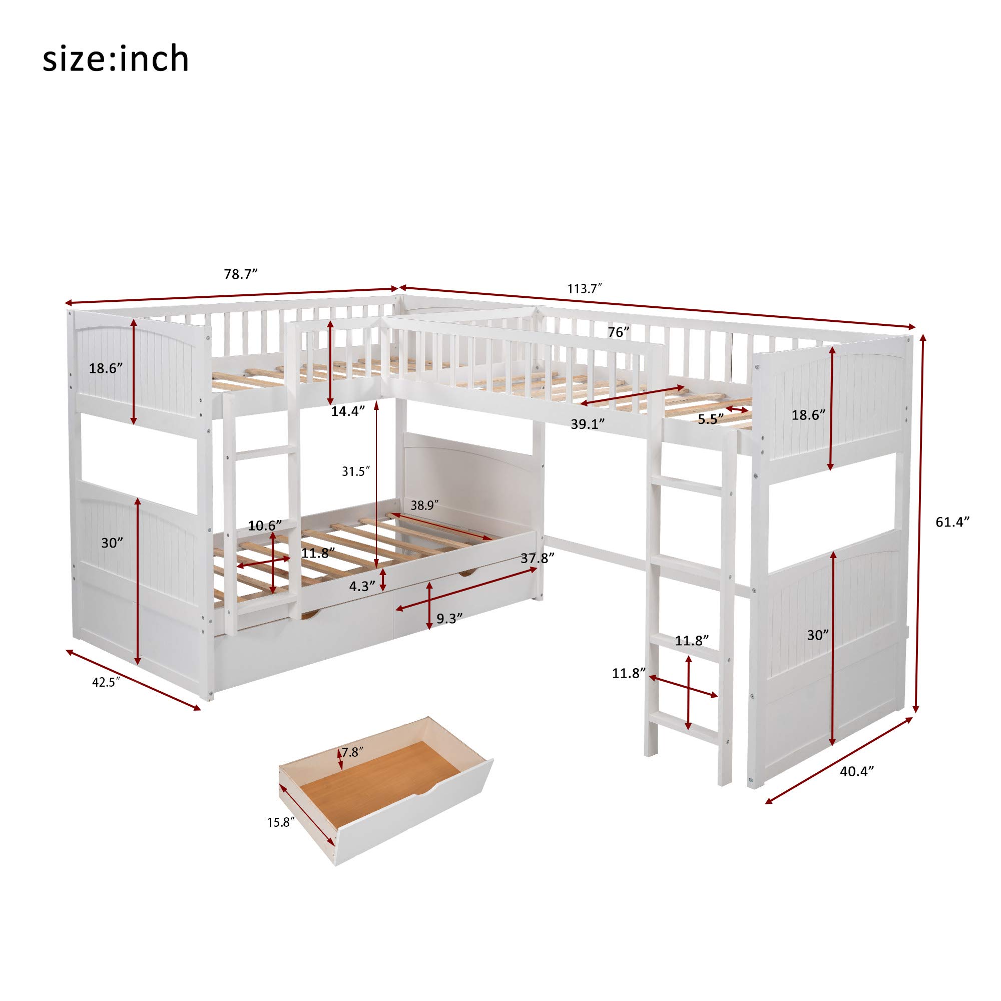KLMM Twin Over Twin L-Shaped Corner Bunk Bed with Loft - Space-Saving 3-Person Bunk Bed Frame with 2 Storage Drawers & Dual Ladders for Kids, Teens & Adults (White) - Perfect for Small Bedrooms, Guest Rooms & Vacation Homes