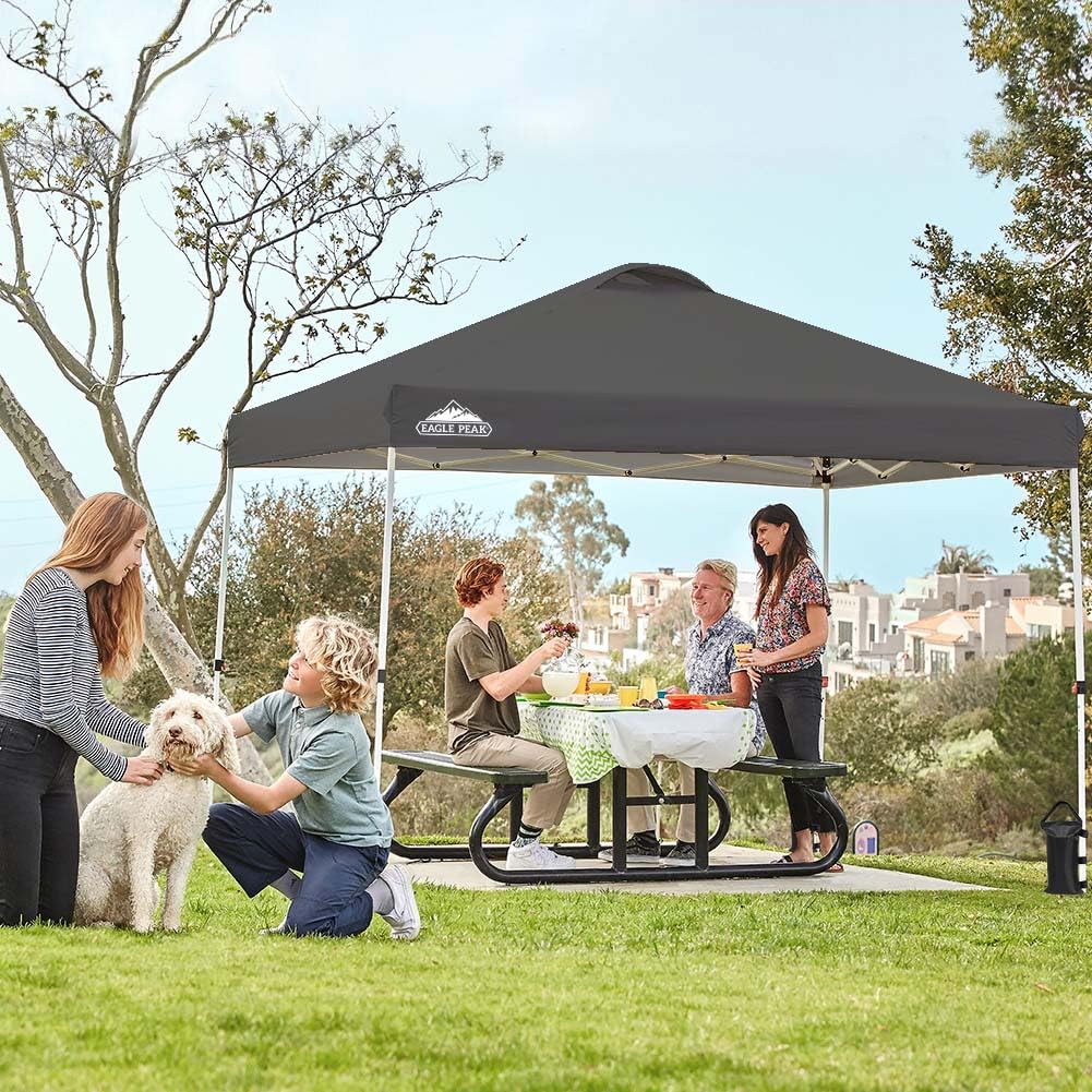 EAGLE PEAK 10x10 ft Pop Up Canopy Tent with Wheeled Carry Bag - Includes 8 Stakes, 4 Ropes & 4 Weight Bags - Easy Setup Portable Shade Shelter (100 sq ft Coverage, Gray) - Perfect for Outdoor Events, Camping, Beach Trips & Backyard Parties