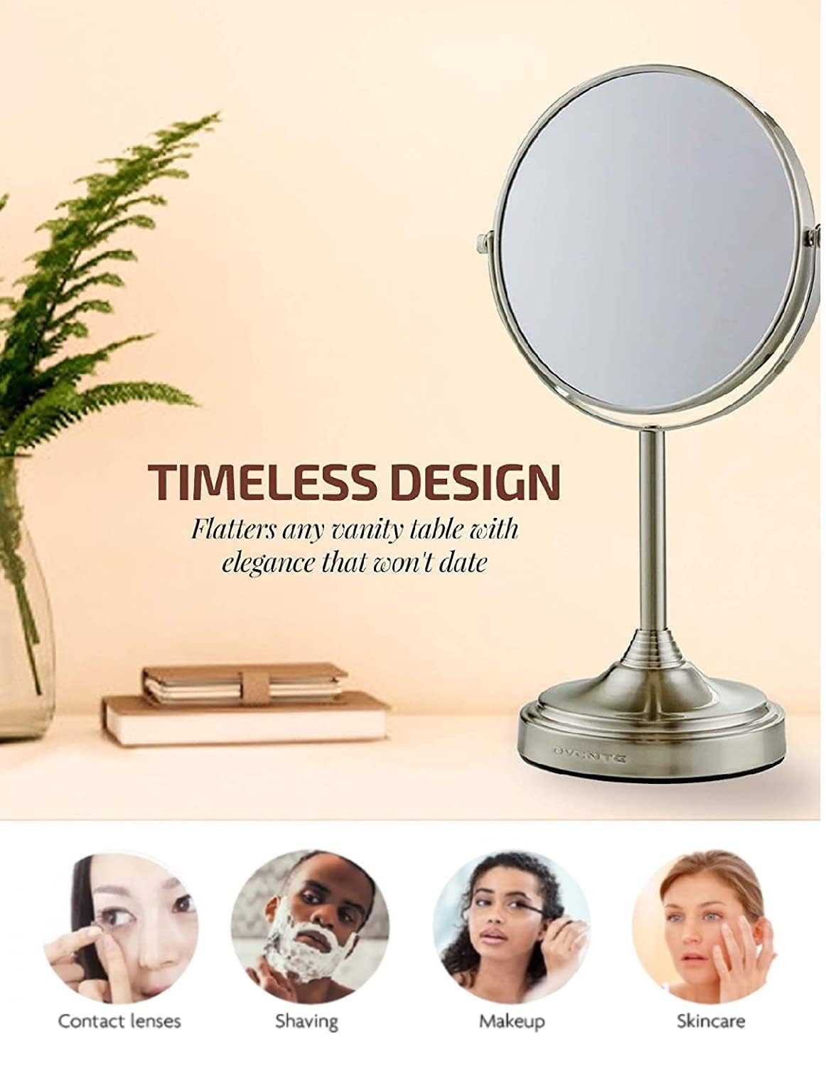 OVENTE 7-Inch Double-Sided Vanity Mirror with 1X/7X Magnification - 360° Swivel Stand, Brushed Nickel Finish - Perfect for Makeup, Skincare & Grooming on Dresser, Bedroom Vanity or Office Desk