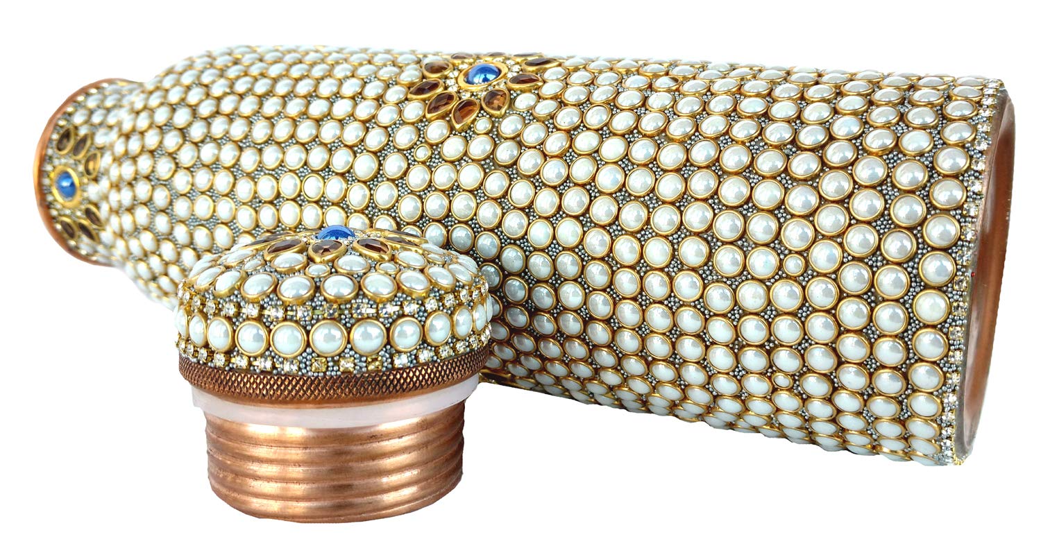 Pure Copper Water Bottle with White Stone Decoration - Handcrafted Ayurvedic Copper Drinkware for Hydration & Wellness - Perfect for Yoga, Travel, and Home Use