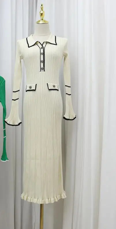 Autumn 2024 Women's Fashion Long Sleeve Single Breasted Patchwork Knit Dress - Elegant Office Wear & Business Casual Dress for Work, Meetings, and Professional Events
