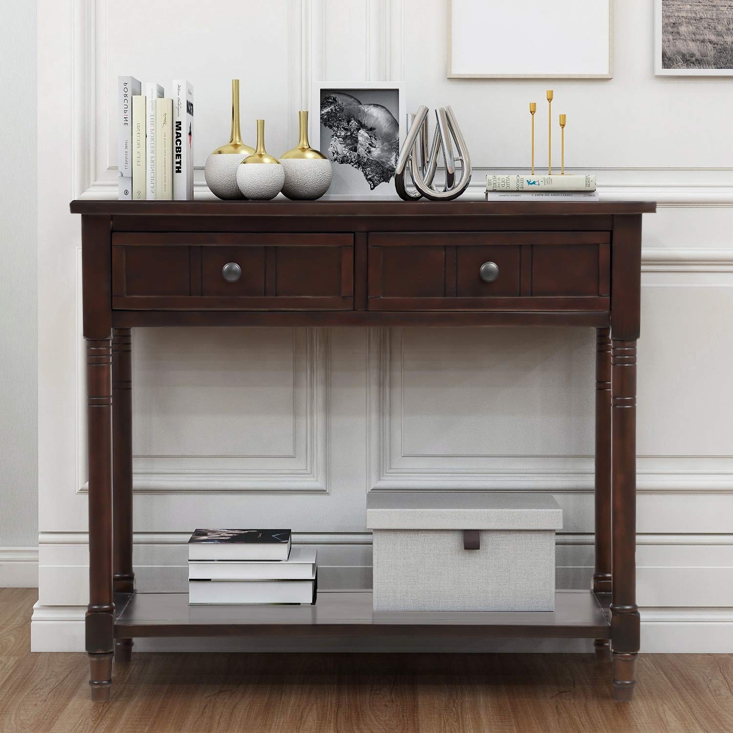Antique Style Wooden Sofa Table with 2 Drawers & Bottom Shelf - Dark Espresso Console Table for Living Room, Entryway & Hallway | P PURLOVE Home Decor Furniture