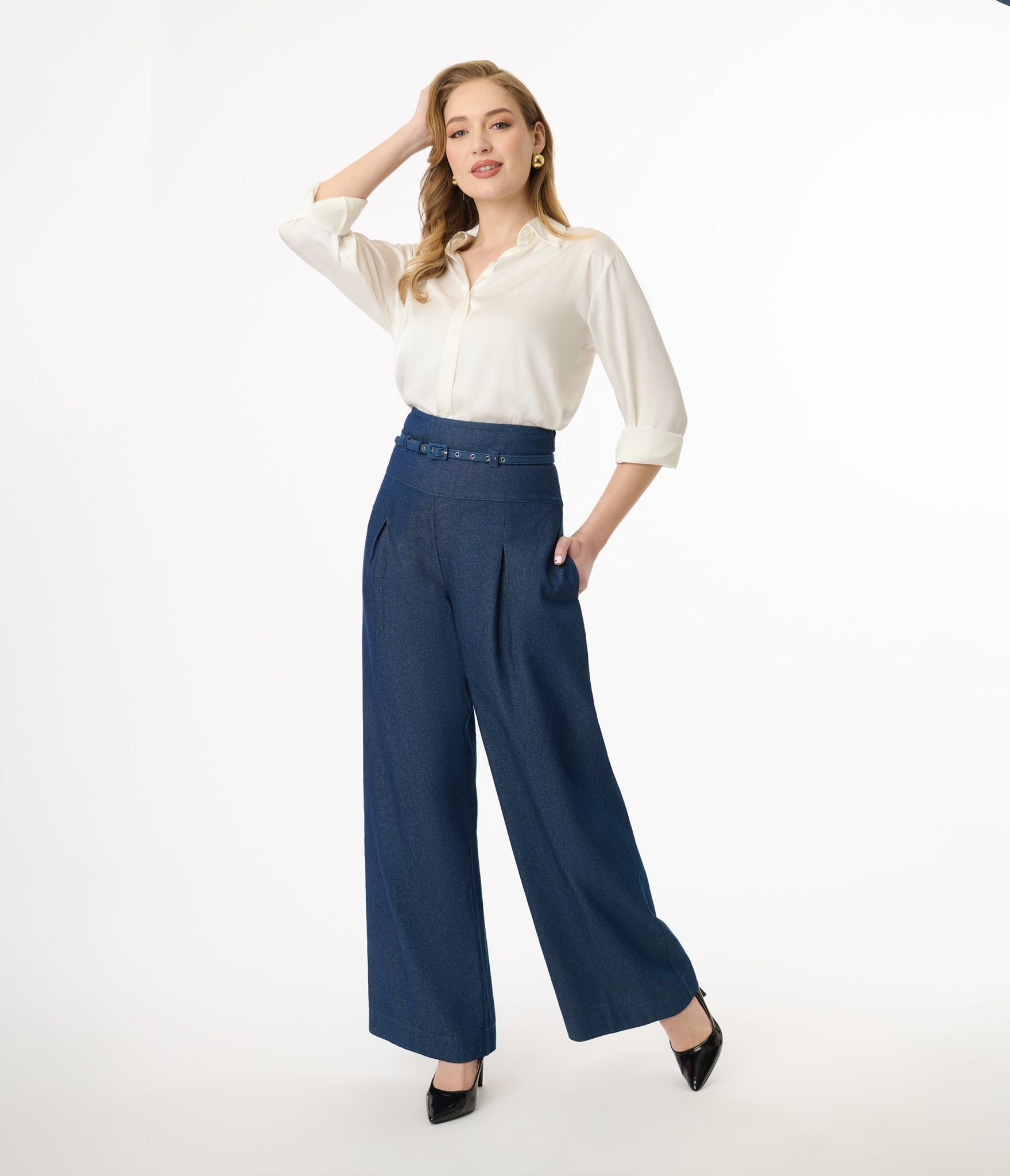 Vintage Denim Wide Leg Pleated Pants for Women - Retro High Waisted Flared Trousers with Pockets | Casual, Office & Party Outfit Ideas
