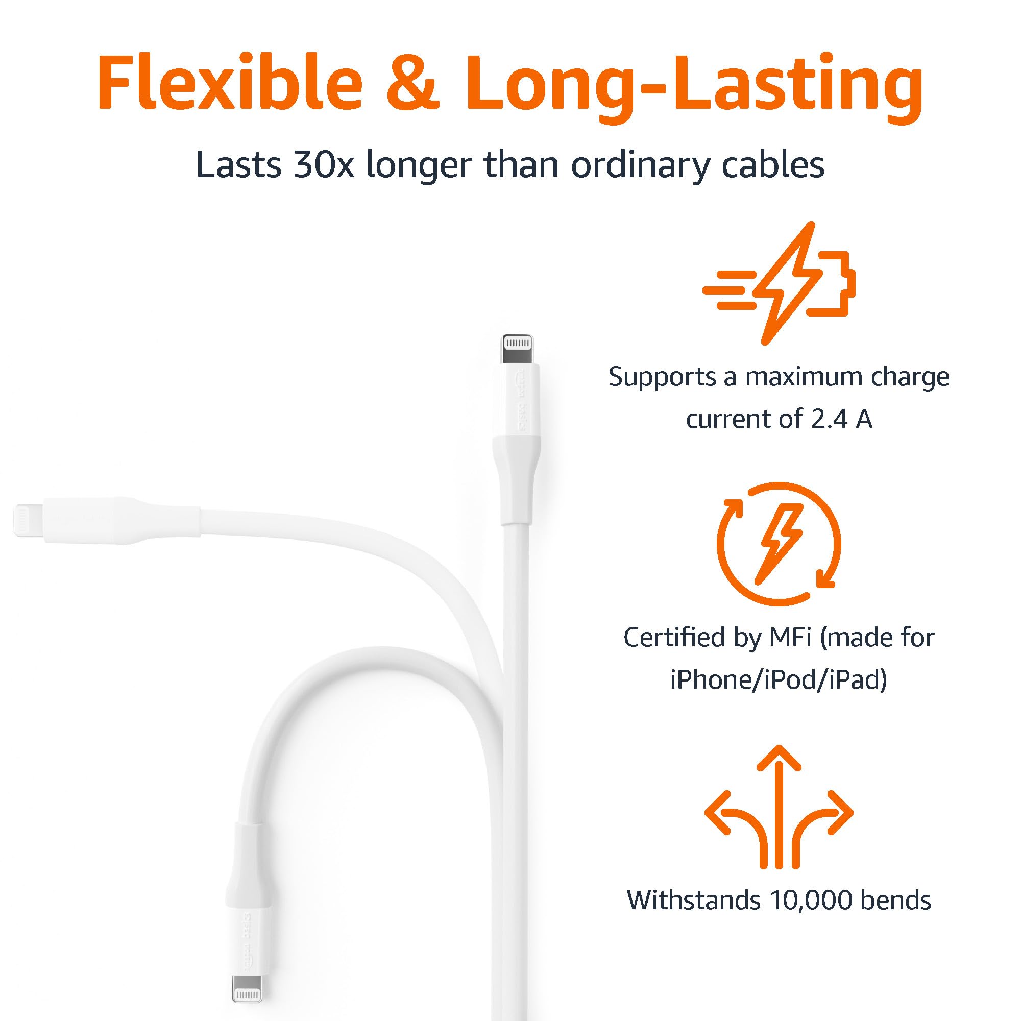 Amazon Basics MFi Certified USB-C to Lightning Cable - 10ft Fast Charging Cable for iPhone, iPad - White | Compatible with iPhone 15/14/13/12/11/X/8 & More | Perfect for Home, Office & Travel Charging