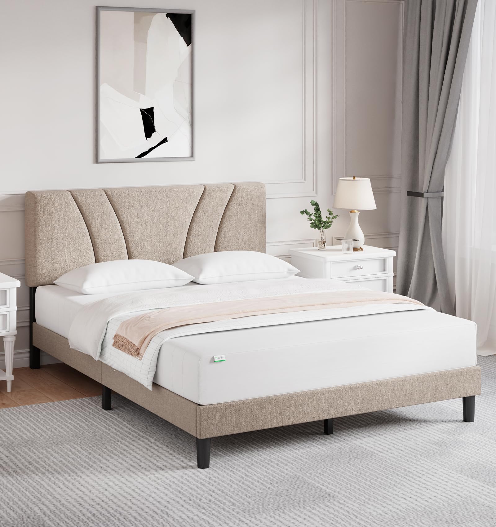 Novilla Queen Size Bed Frame with Upholstered Headboard - Wood Slat Support, No Box Spring Needed, Heavy Duty Metal Feet, Easy Assembly, Beige Fabric - Perfect for Master Bedroom, Guest Room & Apartment