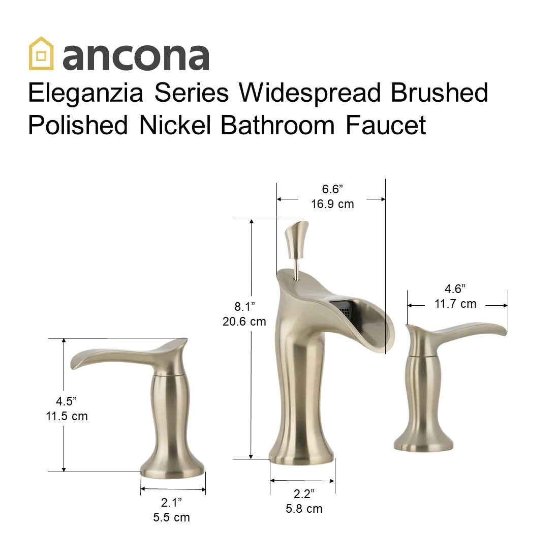 Eleganzia Series Widespread Brushed Nickel Bathroom Faucet - Modern Waterfall Spout Design for Vanity Sinks, Powder Rooms & Guest Baths