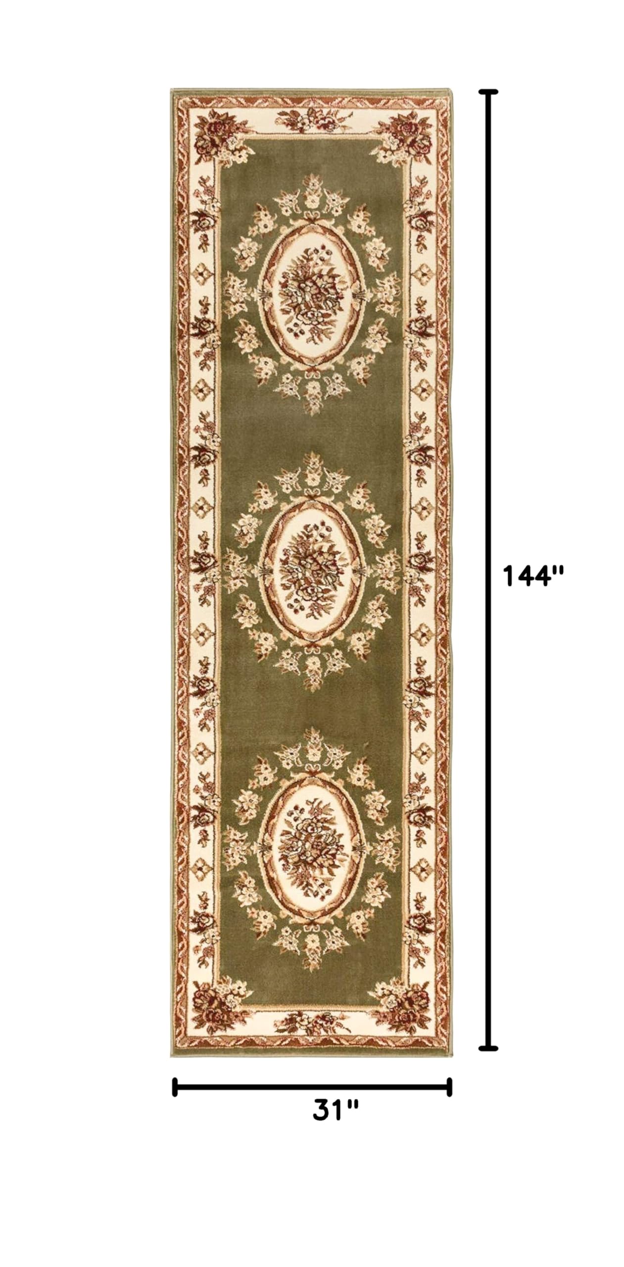Well Woven Timeless Collection Le Petit Palais Green 3x12 Runner - Luxurious Traditional French Medallion Oriental Area Rug - Easy to Clean & Durable - Perfect for Living Room, Bedroom, Dining Room, Hallway & Entryway Decor