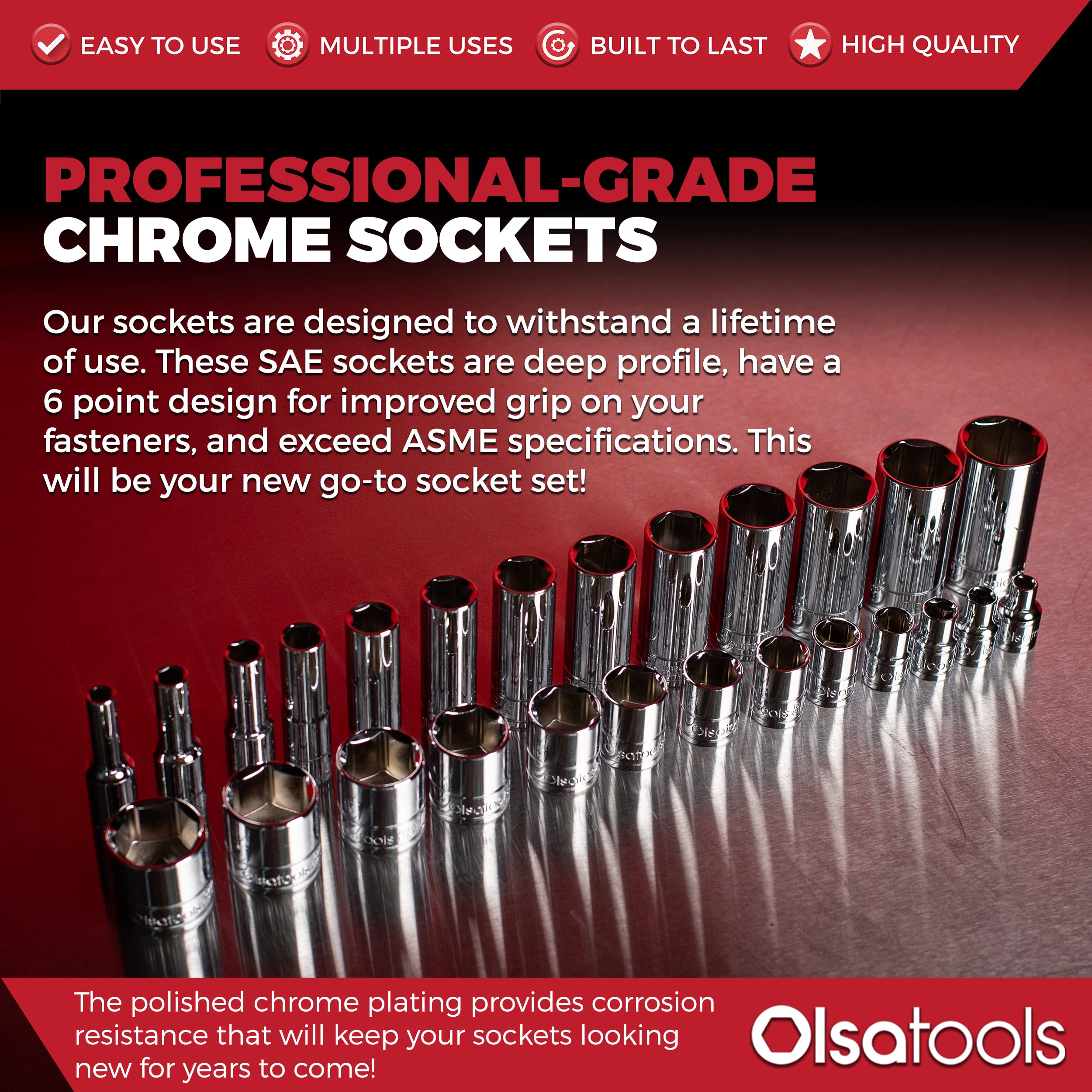 Olsa Tools 13-Piece SAE Socket Set - 1/4-Inch Drive 6-Point Deep Sockets (1/8