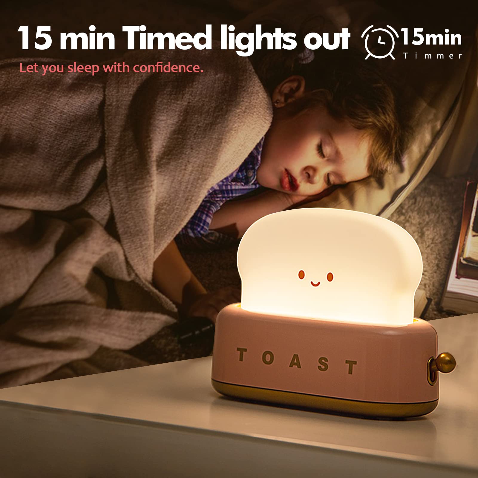 QANYI Cute LED Toast Bread Night Light - Rechargeable Kawaii Desk Lamp with Timer, Portable Decor for Kids Girls Teens - Perfect for Bedroom, Nursery, Christmas Gifts & Cozy Night Reading
