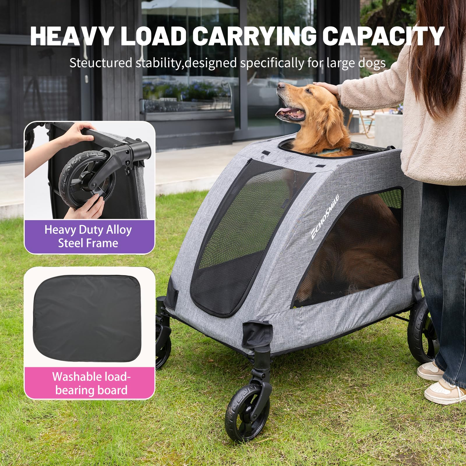 EchoSmile XL Extra Large Dog Stroller for 2 Medium Dogs - Lightweight Foldable Pet Stroller with Adjustable Handles & All-Terrain 4 Wheels - Dual Entry Safety Design Holds Up to 160 lbs (Gray) - Perfect for Park Walks, Vet Visits, and Senior Dog Transportation
