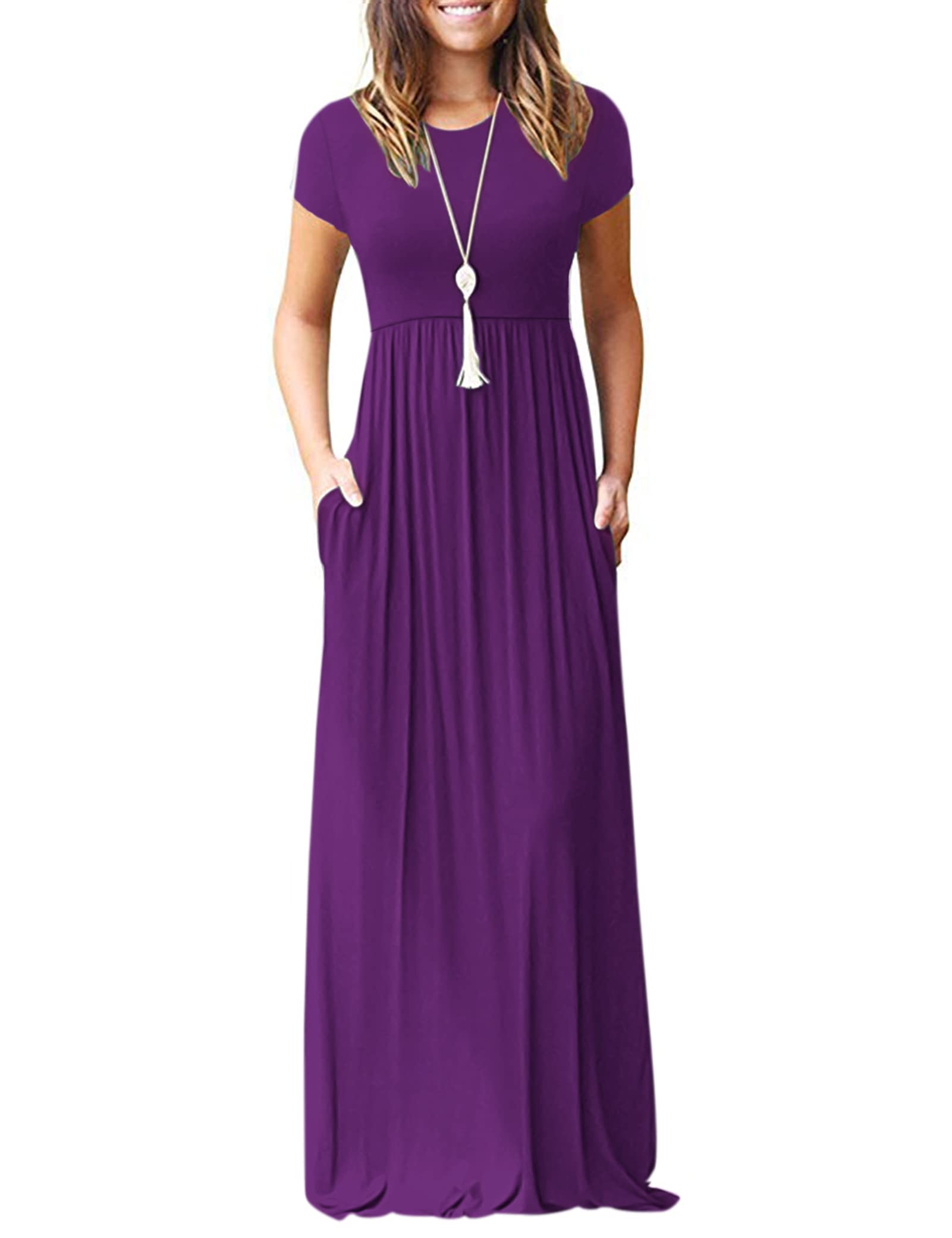 MISFAY Women's Casual Short Sleeve Loose Plain Maxi Dress with Pockets - Summer Beach Long Dress for Travel, Vacation & Everyday Wear