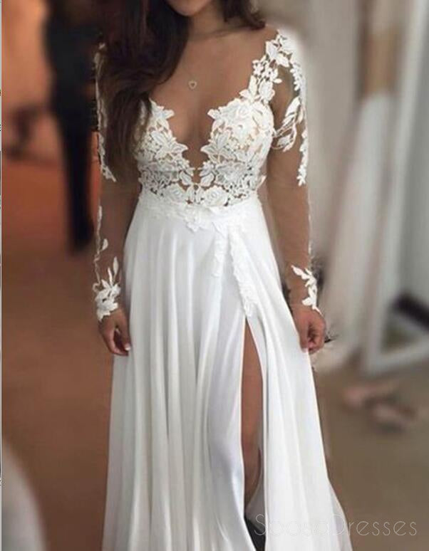 Elegant Long Sleeve Lace Beach Wedding Dress - Sheer Chiffon Bridal Gown for Boho Chic & Destination Weddings - Perfect for Beach, Garden & Outdoor Ceremonies - Style 17088