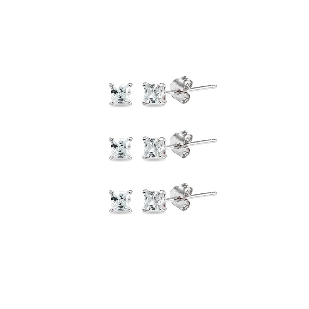 Sterling Silver Cubic Zirconia Princess-Cut 3mm Square CZ Stud Earrings Set (5 Pairs) - Hypoallergenic Earrings for Women & Men - Perfect for Everyday Wear, Gifts & Special Occasions