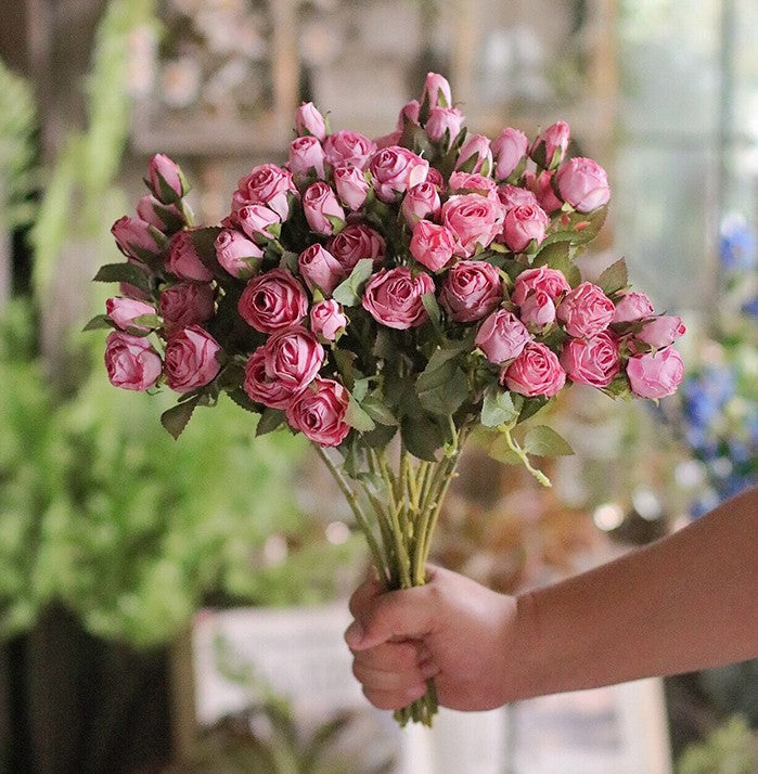 12 Pack Artificial Pink Rose Flowers in Vase - Real Touch Silk Roses for Home Decor, Living Room, Wedding Centerpiece - Simple Floral Arrangement Ideas for Table & Shelf Display
