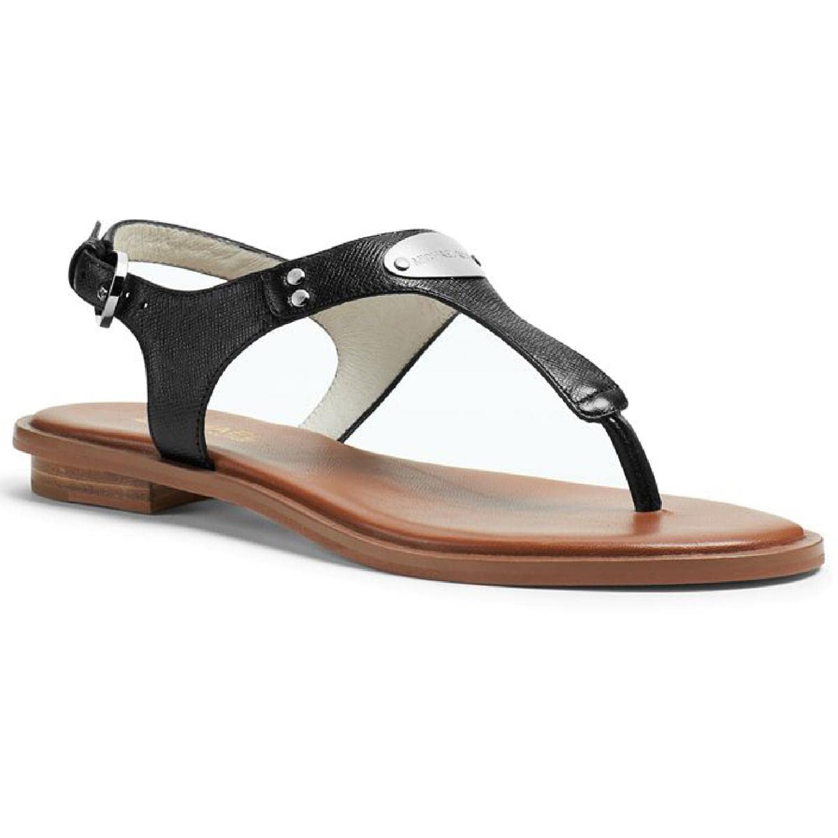 Michael Kors Women's MK Plate T-Strap Leather Thong Sandals - Black Size 4 | Comfortable Dressy Summer Sandals for Beach, Vacation & Casual Outings