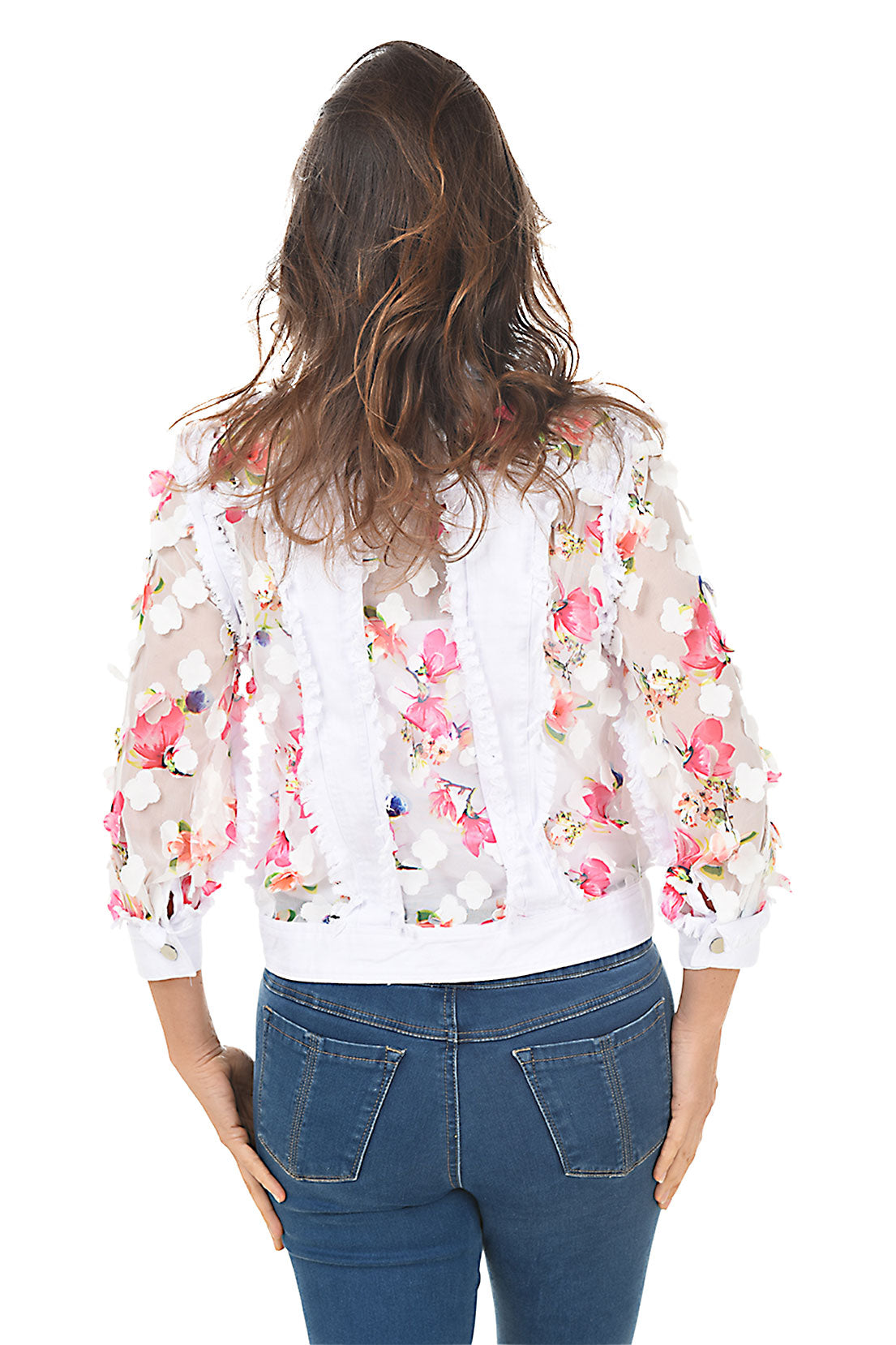 Distressed Denim Jacket with Sheer Flower Petal Design - Vintage Style Lightweight Jacket for Women - Perfect for Spring Outfits, Music Festivals & Casual Streetwear