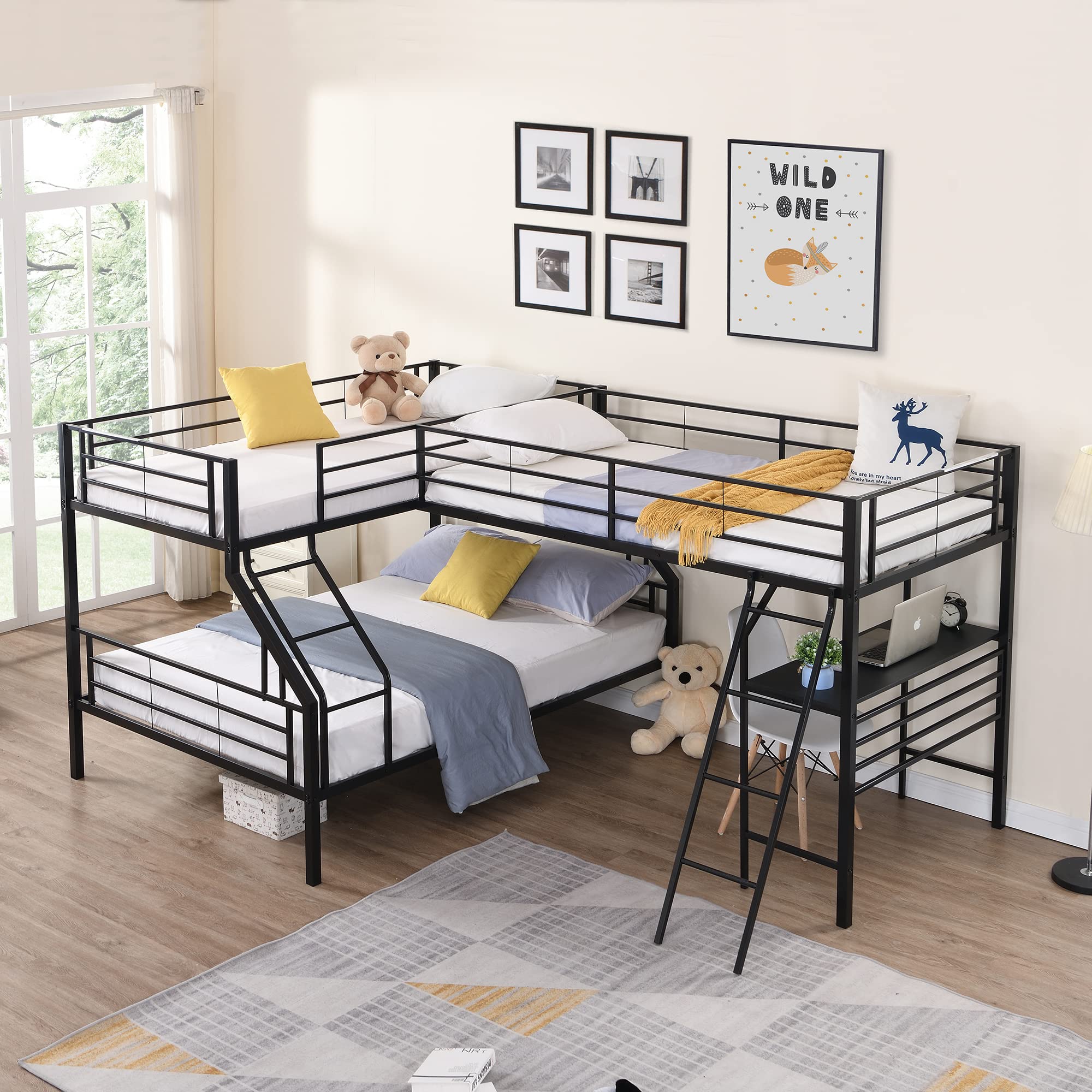 Triple Bunk Bed - Twin Over Full L-Shaped Metal Bunk Bed with Loft & Built-in Desk | Sturdy Frame with Ladders & Safety Guardrails | Perfect for Dorm Rooms, Kids' Bedrooms & Small Spaces | Ideal for Teens, Adults & Multi-Kid Families