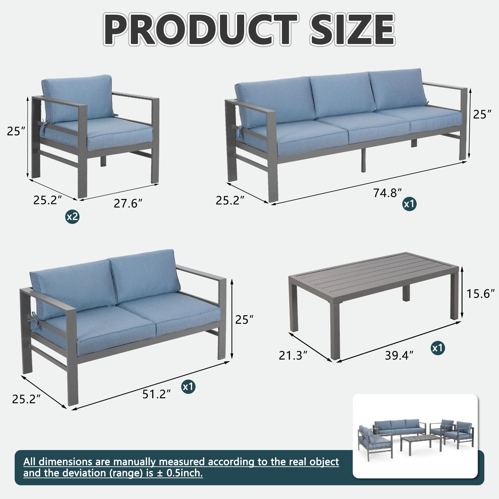 5-Piece Cast Aluminum Outdoor Patio Furniture Set - Grey Frame & Blue Cushions - Modern Metal Conversation Sofa Set for Backyard, Garden, Poolside or Deck Relaxation