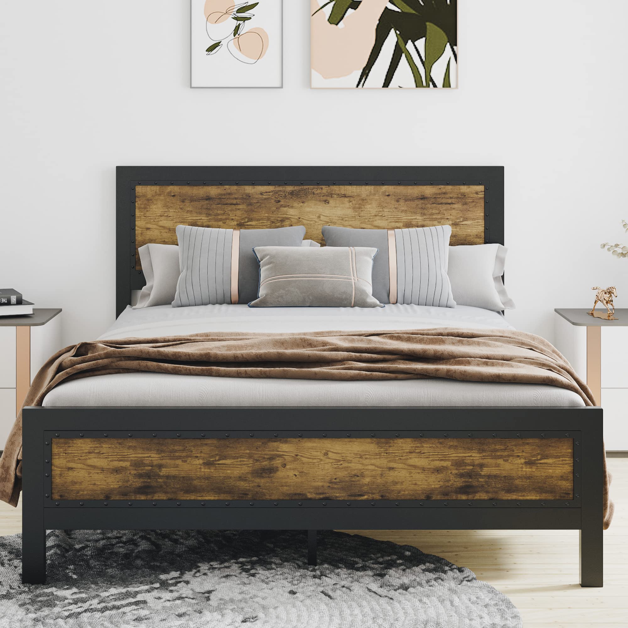 Industrial Metal Bed Frame with Headboard - Heavy Duty, Noise-Free for Bedroom