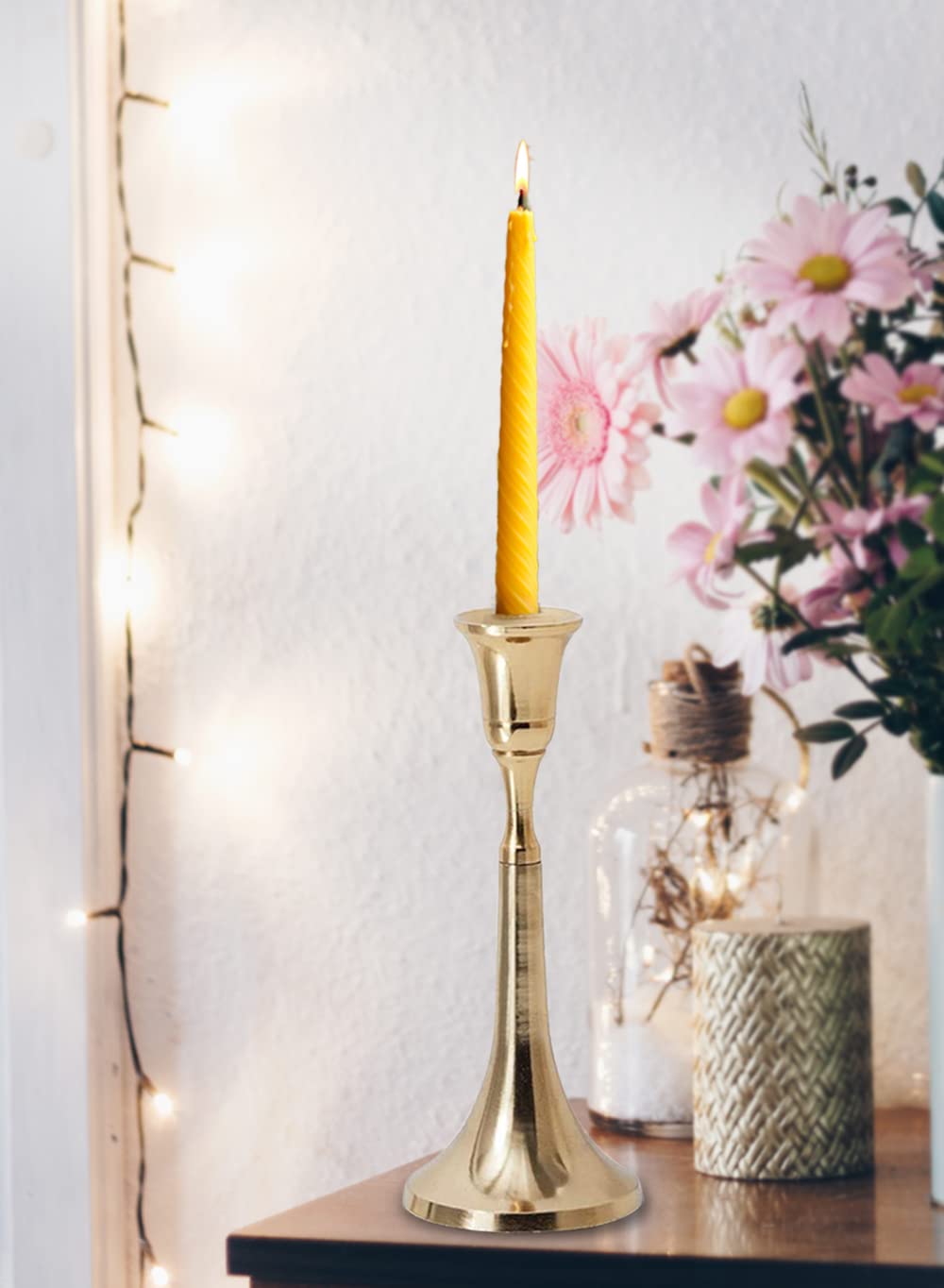 Serene Spaces Living Gold Candlestick Holder - 7 Inch Tall, 3 Inch Diameter - Elegant Home Decor for Dining Table, Wedding Centerpiece & Romantic Ambiance