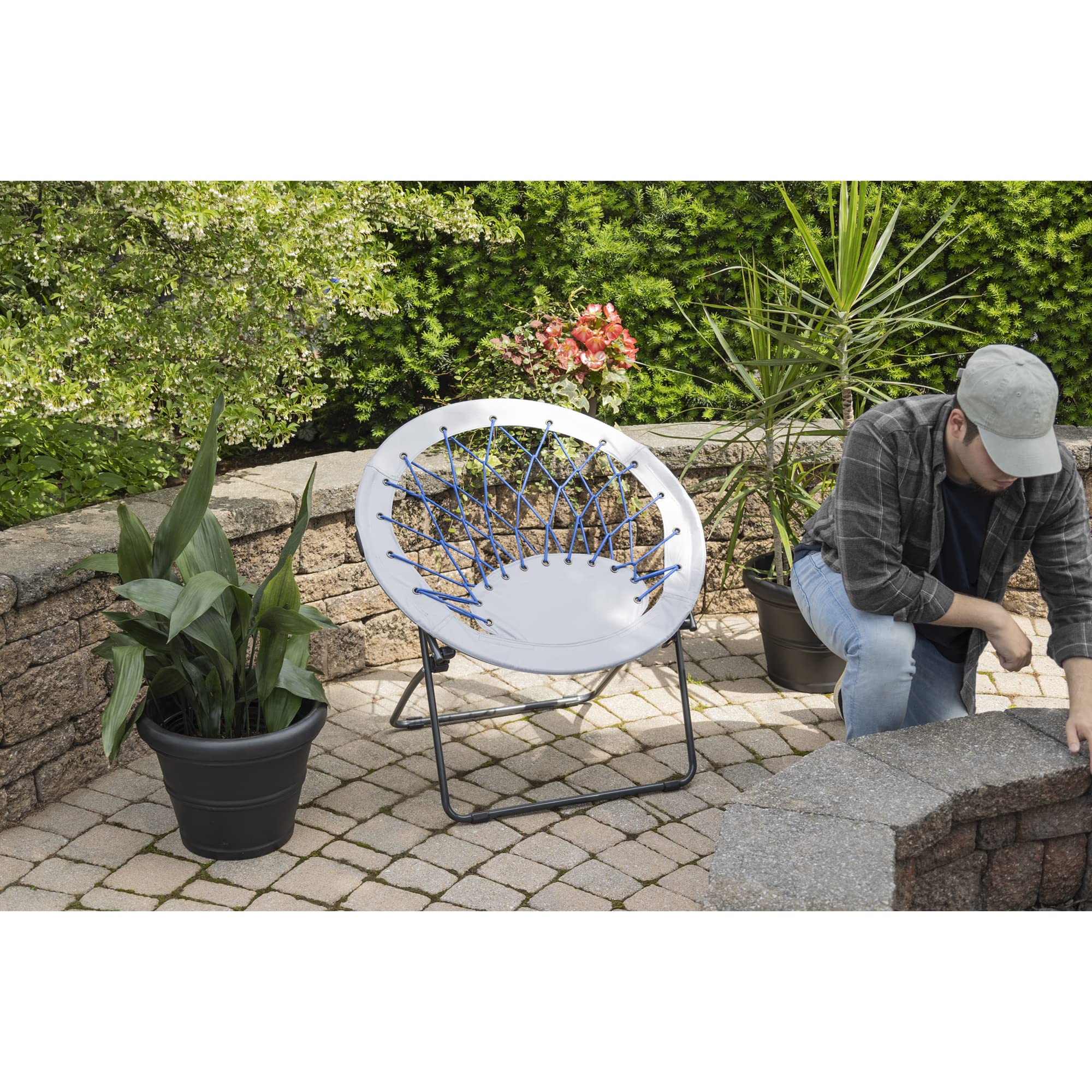 Zenithen Folding Bungee Chair - Round Metal Frame Dish Saucer Chair for Indoor & Outdoor Use - Perfect for Bedroom, Dorm, Camping, Movies & Relaxation - Cobalt Blue (1-Pack) | Great for Patio Lounging, Backyard Gatherings & Small Space Living
