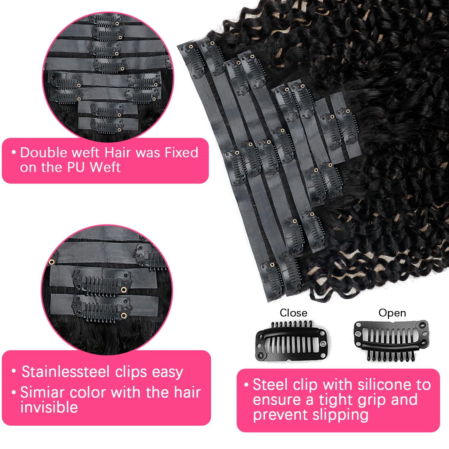 Seamless Clip-In Human Hair Extensions - Invisible PU Kinky Curly 8pcs Set with 18 Clips (120g, 26inch, Natural Black) for Volume & Length | Perfect for Parties, Weddings & Daily Styling