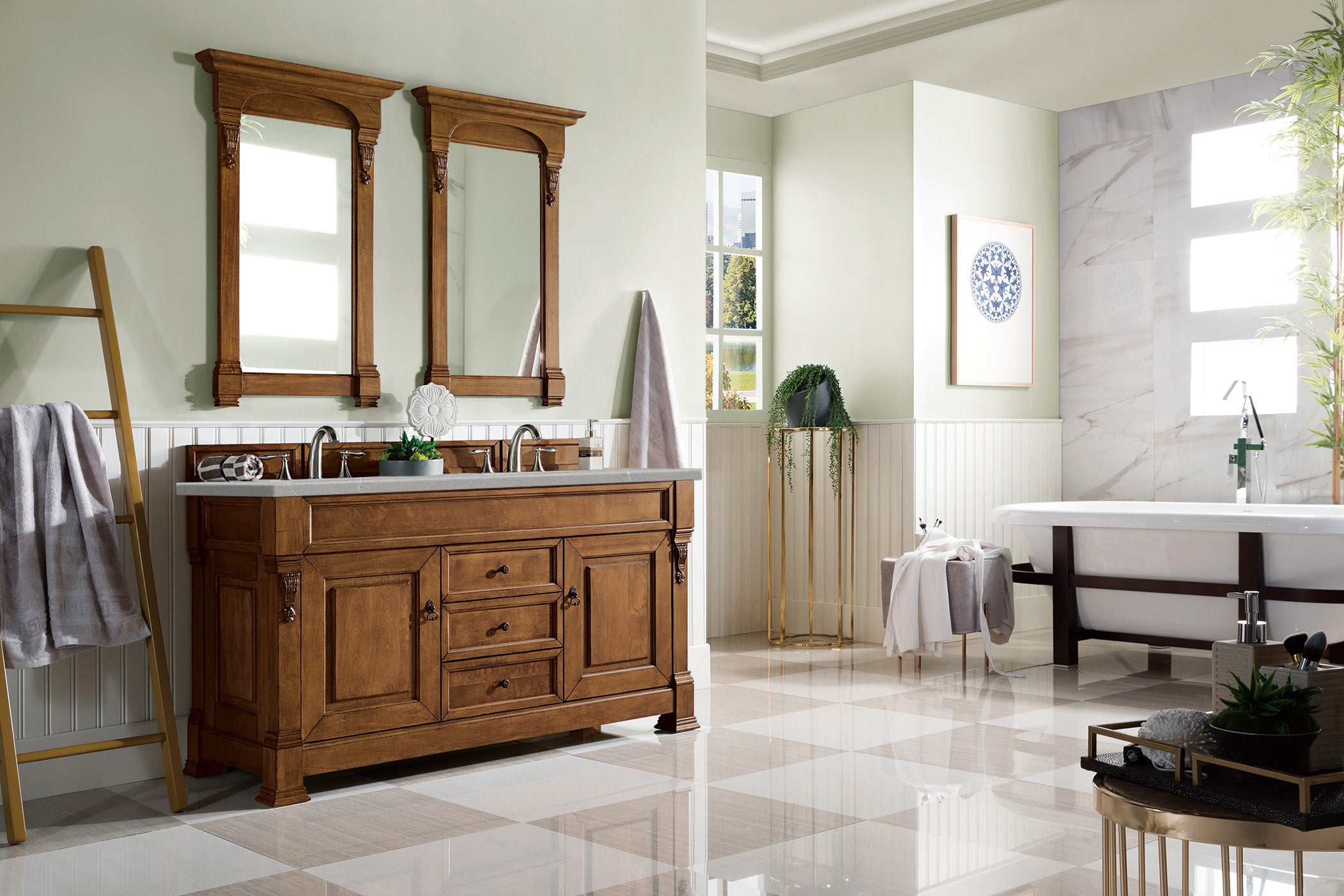 Brookfield 60-Inch Double Vanity Bathroom Sink with Country Oak Cabinets & 3CM Eternal Serena Quartz Countertop - Perfect for Master Bathrooms and Luxury Home Renovations