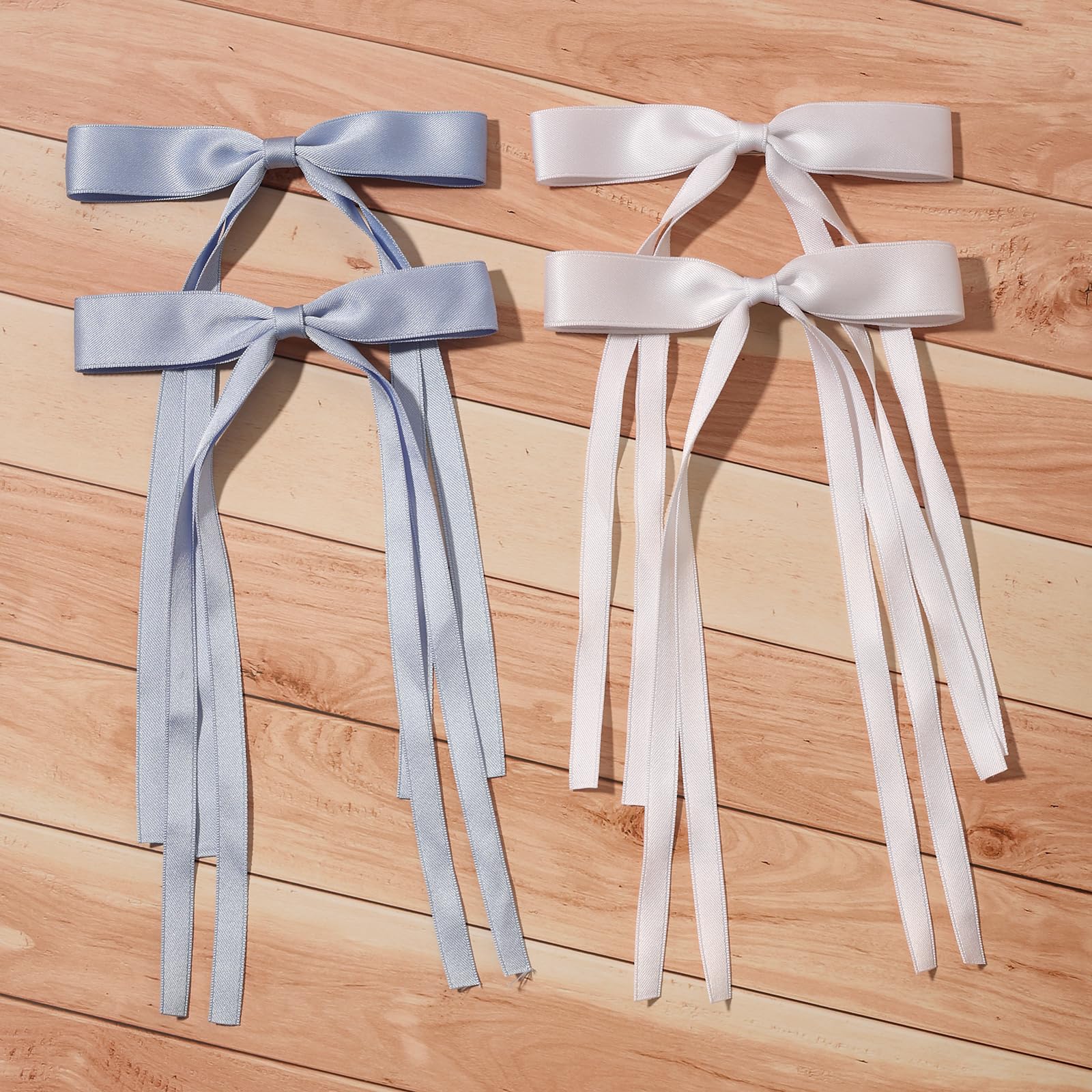 4pcs Women's Hair Clips - Elegant Tassel Ribbon Bowknot Barrettes with Long Tail, Solid Claw Hair Clips for Long Hair (White & Light Blue) | Perfect for Weddings, Parties and Daily Styling