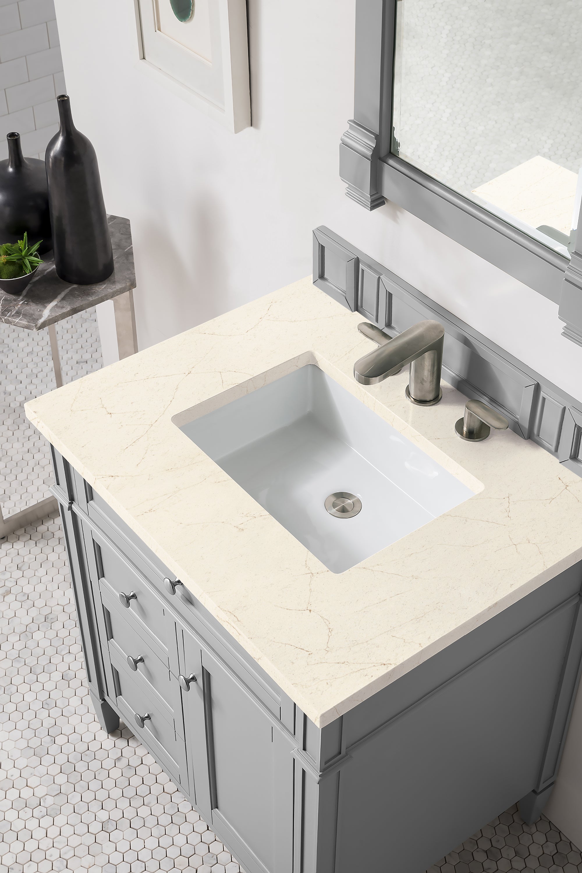Brittany 30 Inch Single Bathroom Vanity Set with Eternal Marfil Quartz Top in Urban Gray - Perfect for Modern Master Bathrooms & Powder Rooms