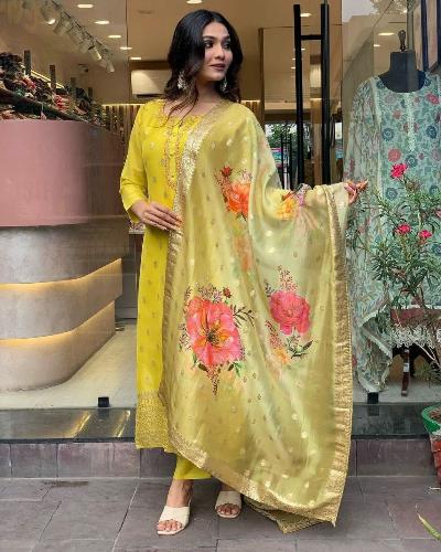 Elegant Yellow Chanderi Jacquard Dupatta Salwar Suit Set for Women - Traditional Indian Ethnic Wear for Weddings, Festivals & Special Occasions