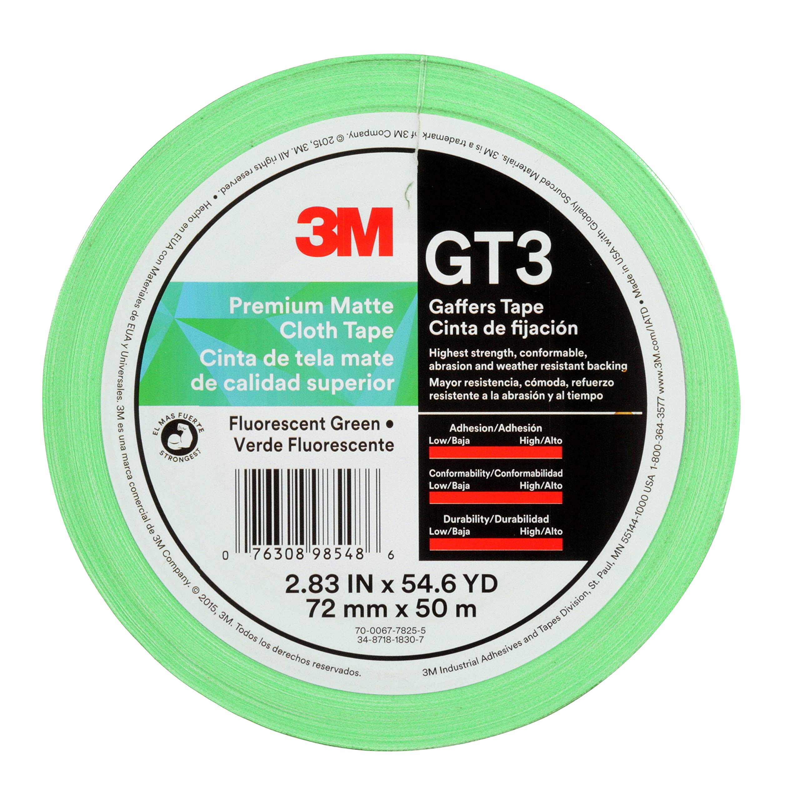 3M 98548 High Visibility Fluorescent Green Safety Tape - 72mm x 50m (11 mil Thick) - GT3 Grade Reflective Tape for Industrial, Warehouse & Construction Safety Marking