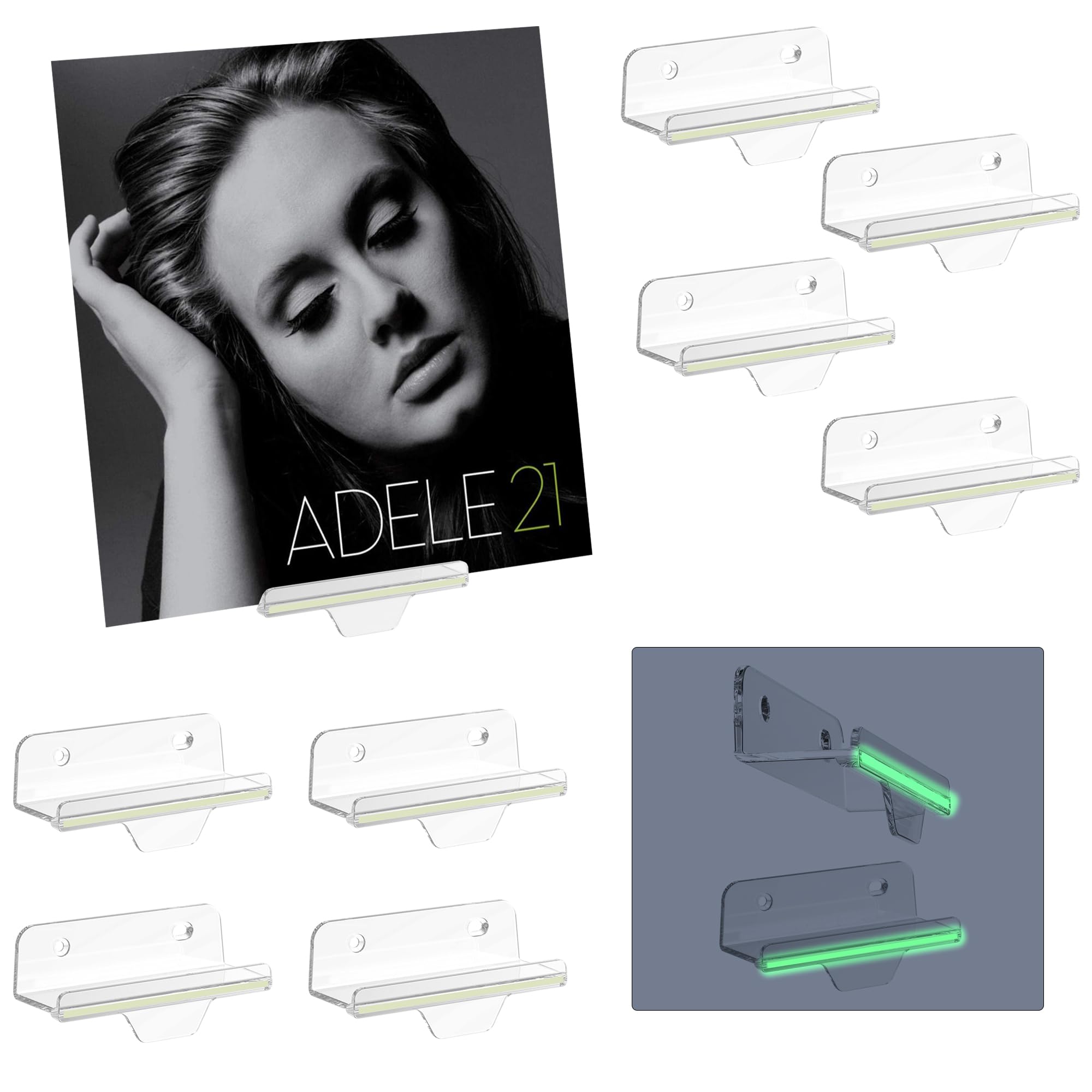 10 Pack Clear Vinyl Record Wall Mount Holder - 4 Inch Glow in the Dark Album Shelf with Fluorescent Strip for Vinyl Records, DVDs, Photos & Makeup - Perfect for Bedroom, Living Room & Music Studio Organization