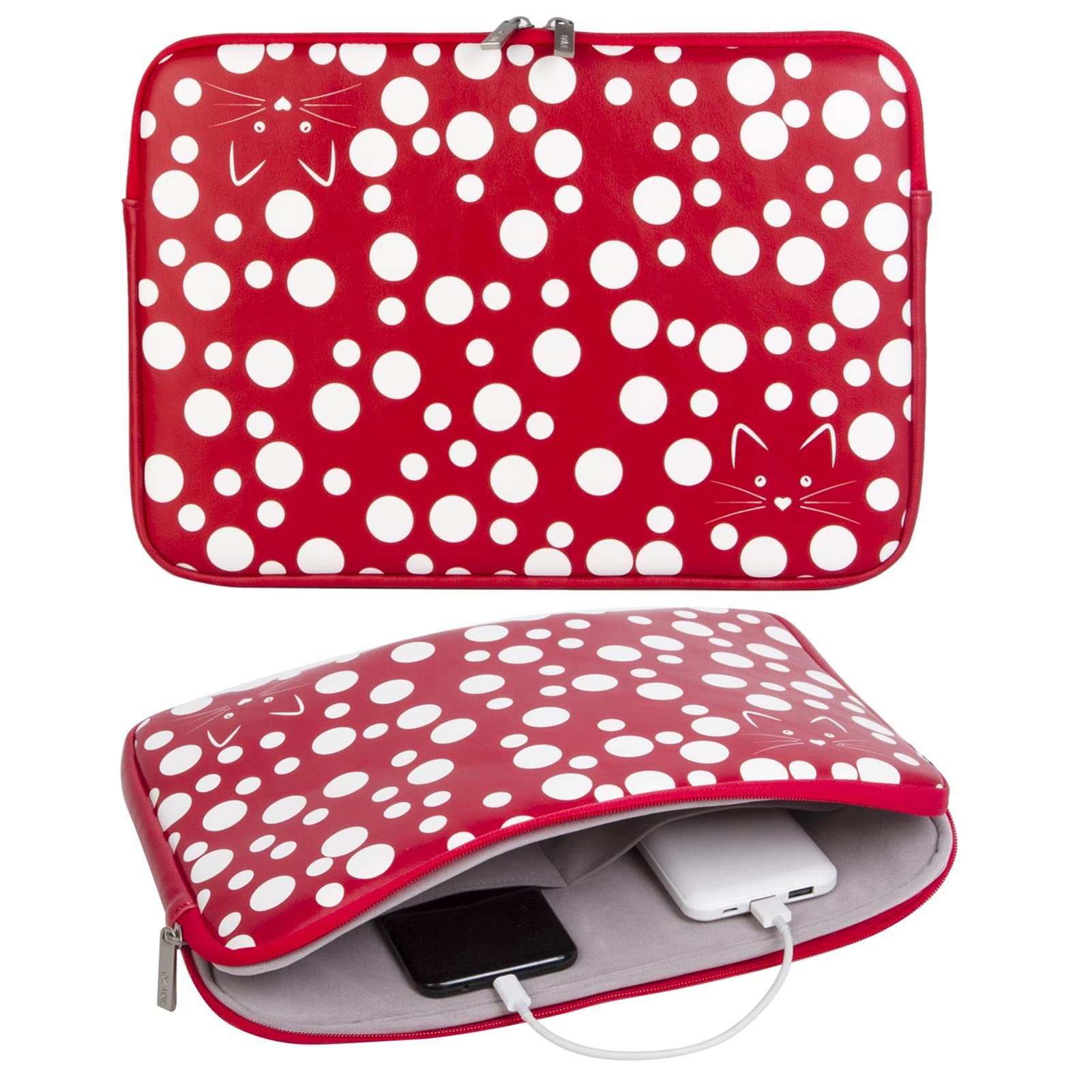 OZADE Yayoi Kusama Style PU Leather Laptop Sleeve Case for 13-14 inch MacBook Pro/Air, Surface Pro/Laptop/Book - Fashion Red White Cat Print Design | Perfect for Work, Travel & School Accessories